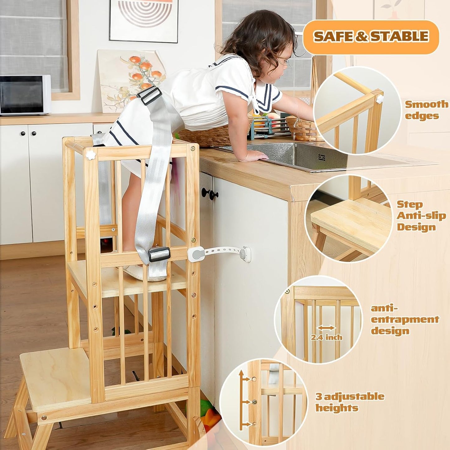 Toddler Step Stool, Kitchen Tower for Toddlers, Adjustable Height Children's Wooden Kitchen Stool, Kids Tower for Learning with Removable Safety Railing, Ages 18 Month to 3 Years(Wood)