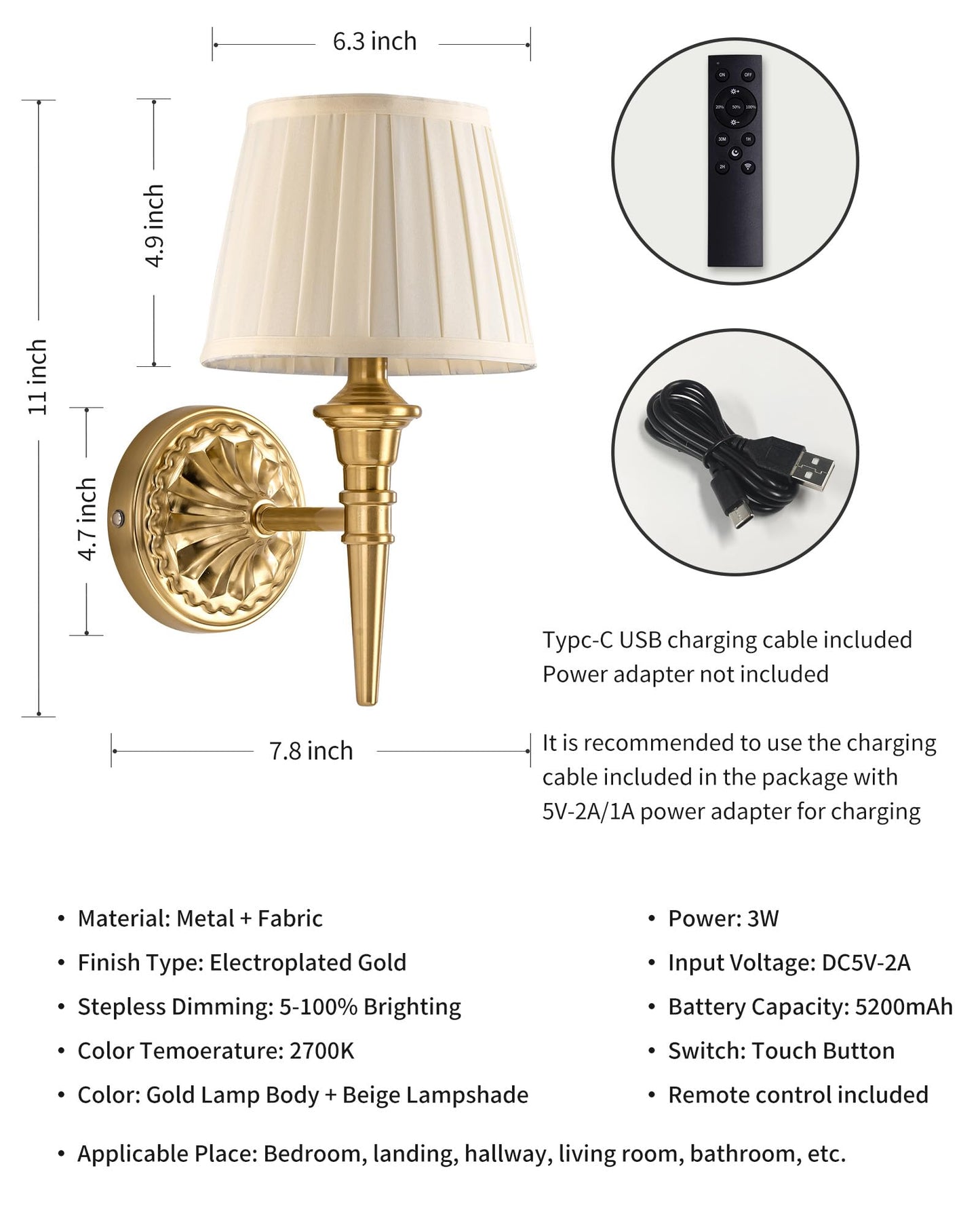 KDG Cordless Wall Sconces Set of 2, Small Wireless 5200mAh Rechargeable Battery Fabric LED Wall Lamps, Portables Lightings for Wall Painting, Living Room, Bedroom, Hallway, Gifts, Night Light (Gold)