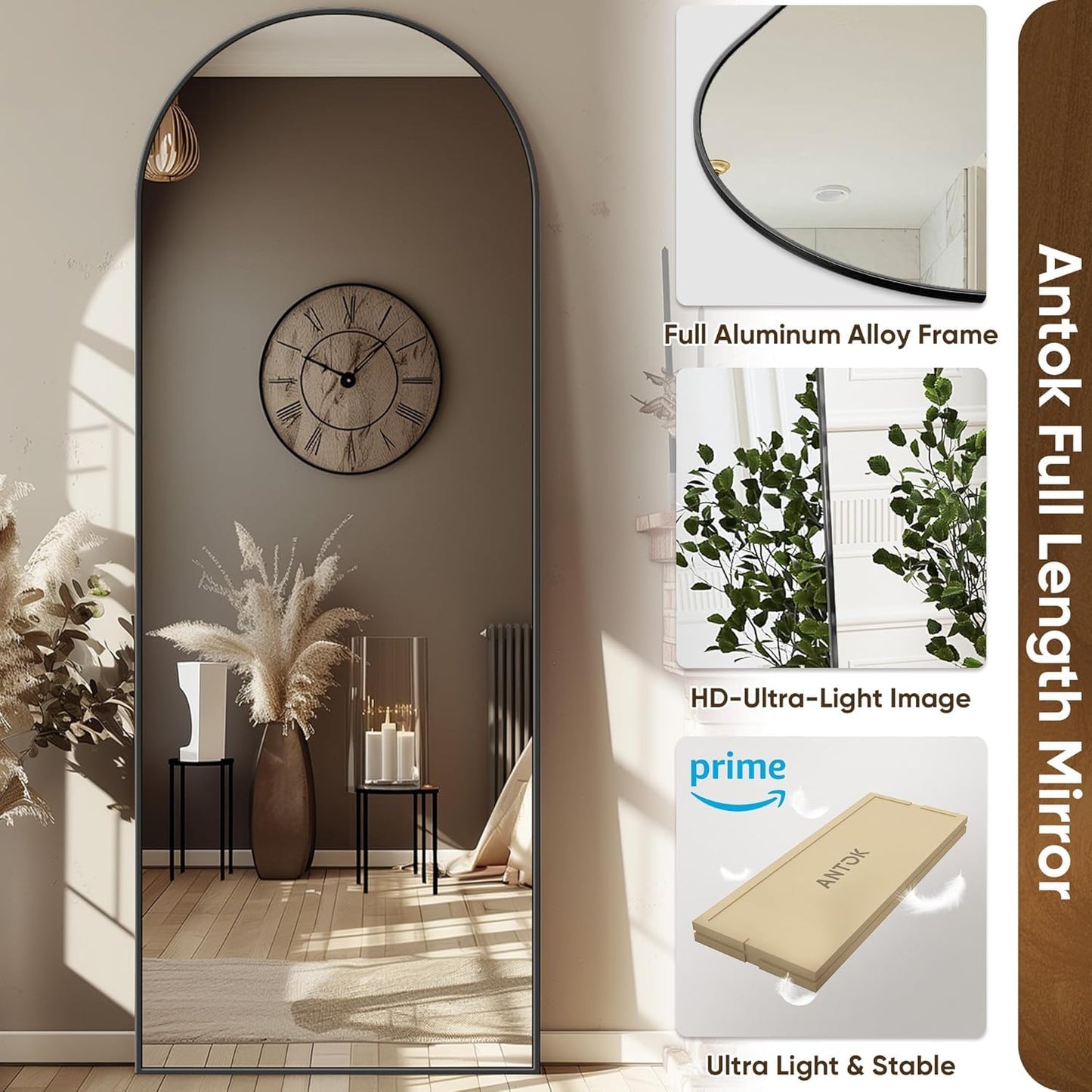 Antok Arched Full Length Mirror, 56"x14" Black Metal Frame Floor Mirror for Bedroom Living Room, Freestanding/Wall Mount/Leaning