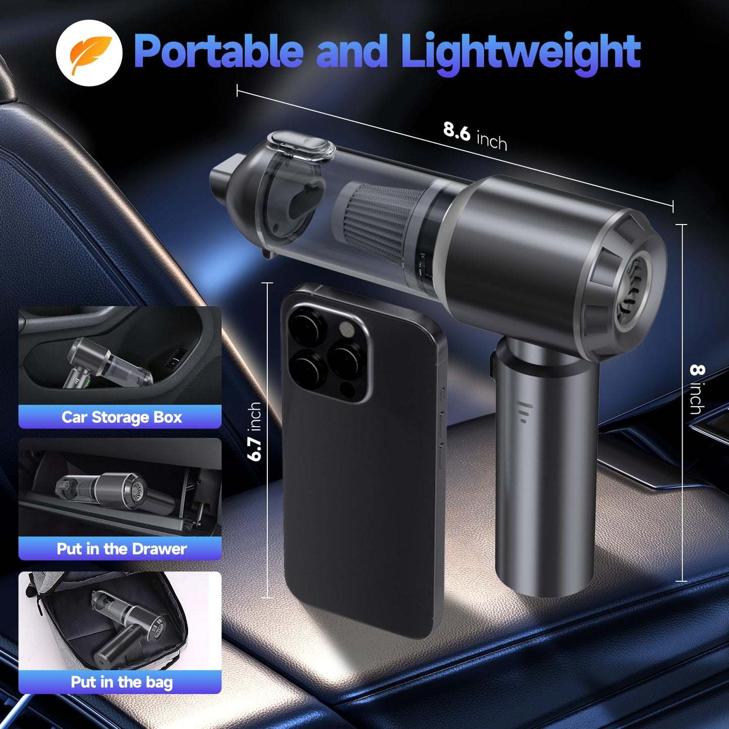 Ytnewin Car Vacuum Portable Cordless, Small Handheld Vacuum Cleaner with 24000PA High Power Suction, Mini Vacuum Cordless Rechargeable with One-Touch Empty, 10-in-1 Hand Vac for Car Home Office Dust