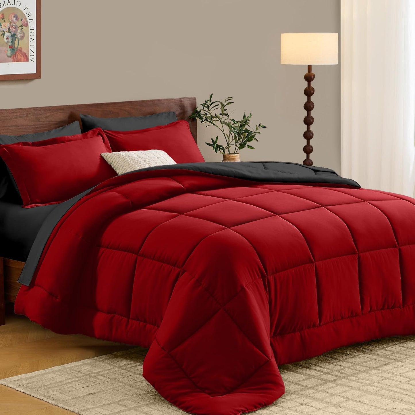 FUANNA King Size Comforter Set 7 Pieces, Reversible Bedding Sets with All Season Premium Comforter, Bed in a Bag King Includes Comforter, Flat Sheet, Fitted Sheet, Pillowcases & Shams, Red & Black