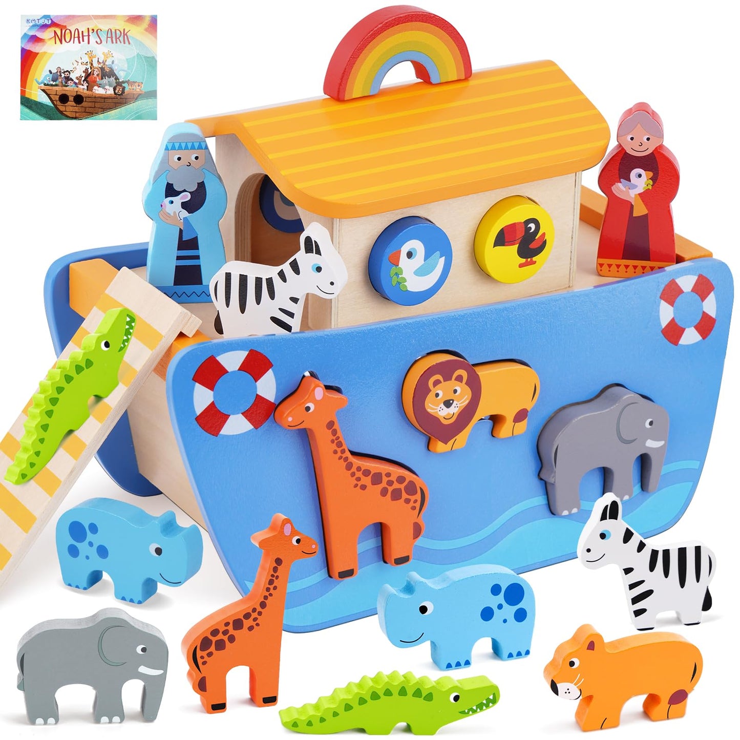Toddlers Wooden Noah's Ark Toy Animal Playset, Baptism Gifts for 2 3 Boys Girls, Shape Sorter Early Learning Montessori Toys with Bible Story Book for 24 Months Babies