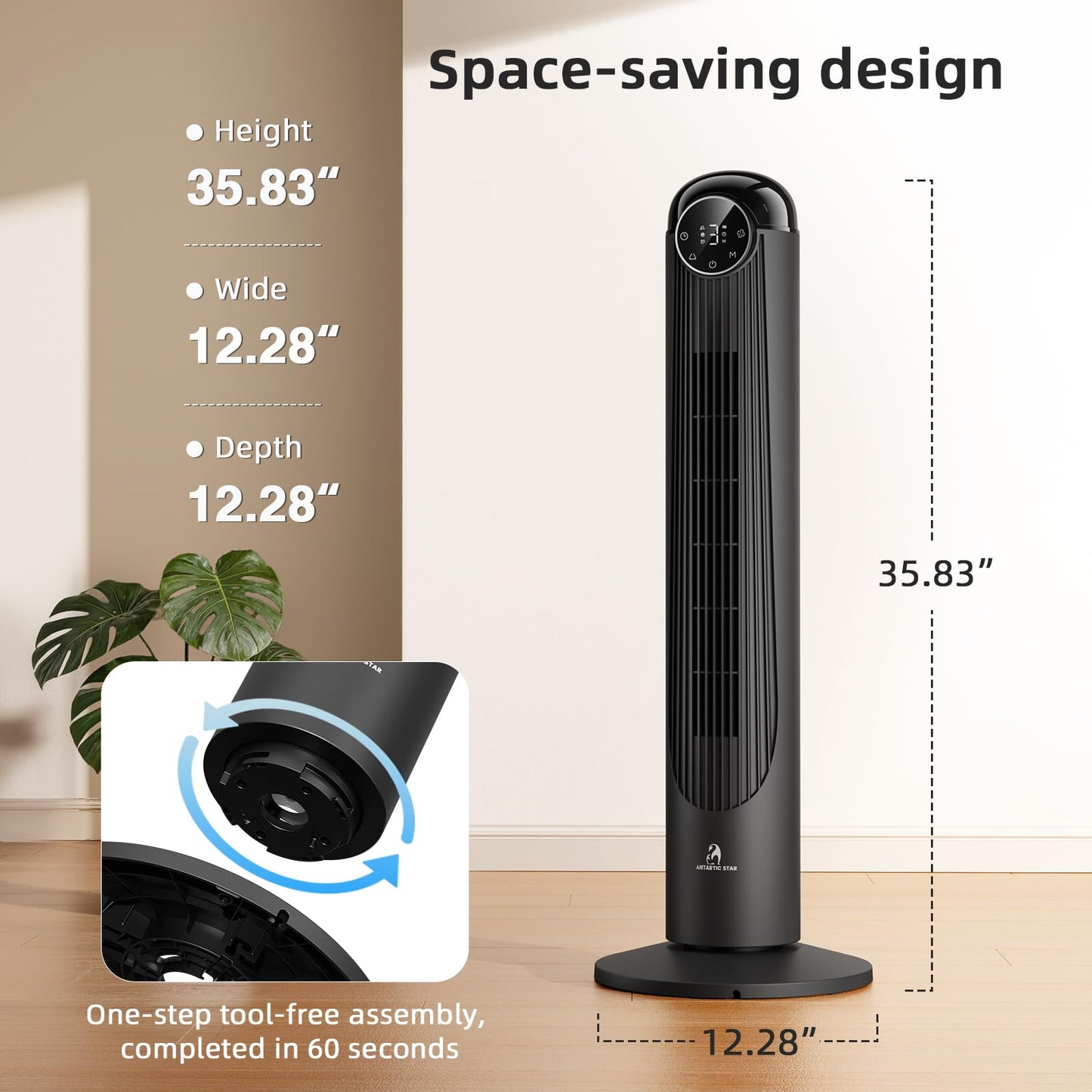 Antarctic Star T36 Tower Fan-36 Inch, Bladeless Oscillating Fan with Remote, 6 Speeds & 4 Modes, LED Display, 9H Timer, Quiet Floor Standing Fan for Bedroom Living Room Office, Black