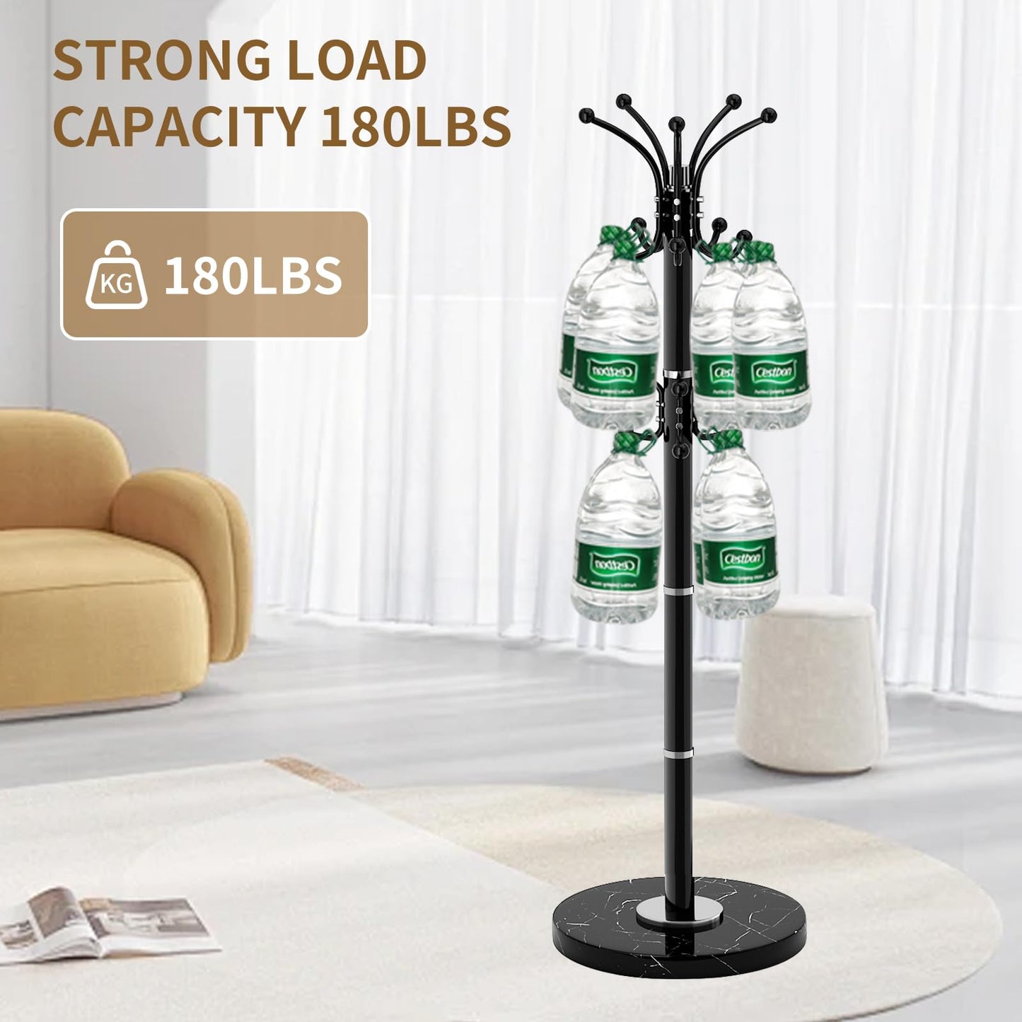LOZABEE Metal Heavy Duty Coat Rack Stand, Modern Freestanding Coat Rack with Natural Marble Base, 360° Roraty Coat Racks with 16 Hooks, Black Coat Hall Tree Hanger Stand for Entryway, Office