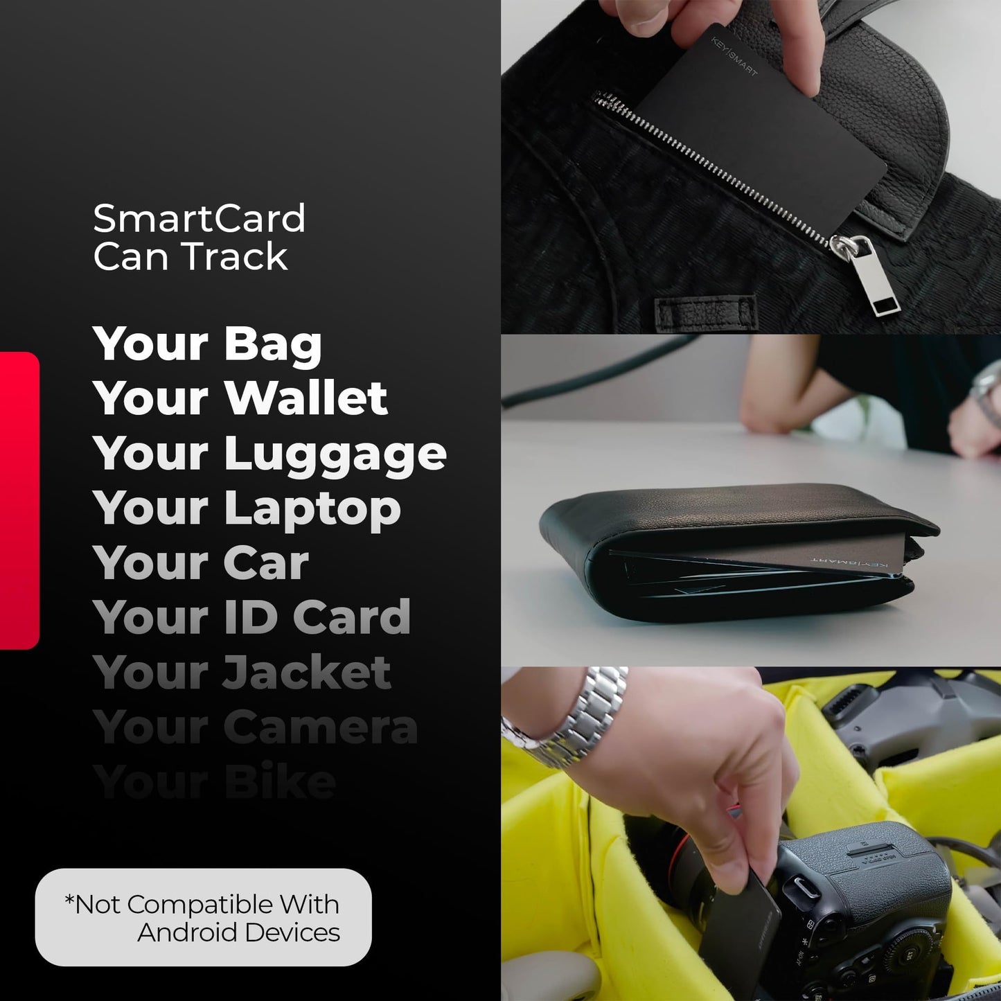 KeySmart SmartCard Wallet Tracker Card, Compatible with Apple Find My App, Rechargeable Thin GPS Item Finder for Luggage Tag, Purse, Passport, Slim Smart Bluetooth Tracking with Key Chain Hole