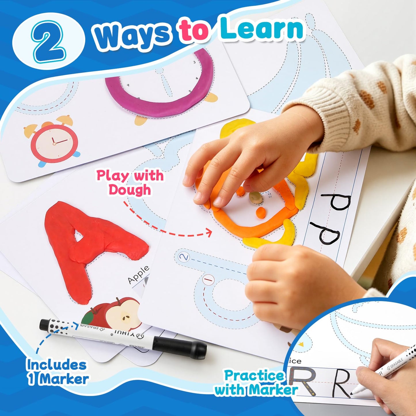 Crelloci Alphabet & Number Color Dough Mats for Kids 3+ – Double-Sided ABC Cards with Shapes, Write & Wipe Learning Set, Reusable Educational Preschool Toy with Marker