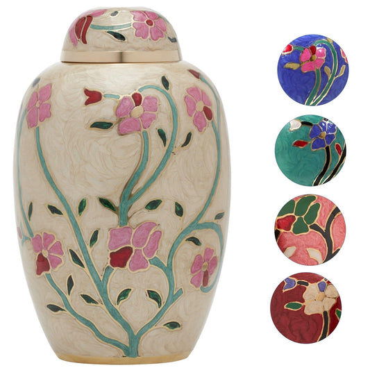 Ansons Urns Cremation Urn - Flower Funeral Urn for Human Ashes - Burial urn with Lacquer Finish - 100% Brass - Flora Cream