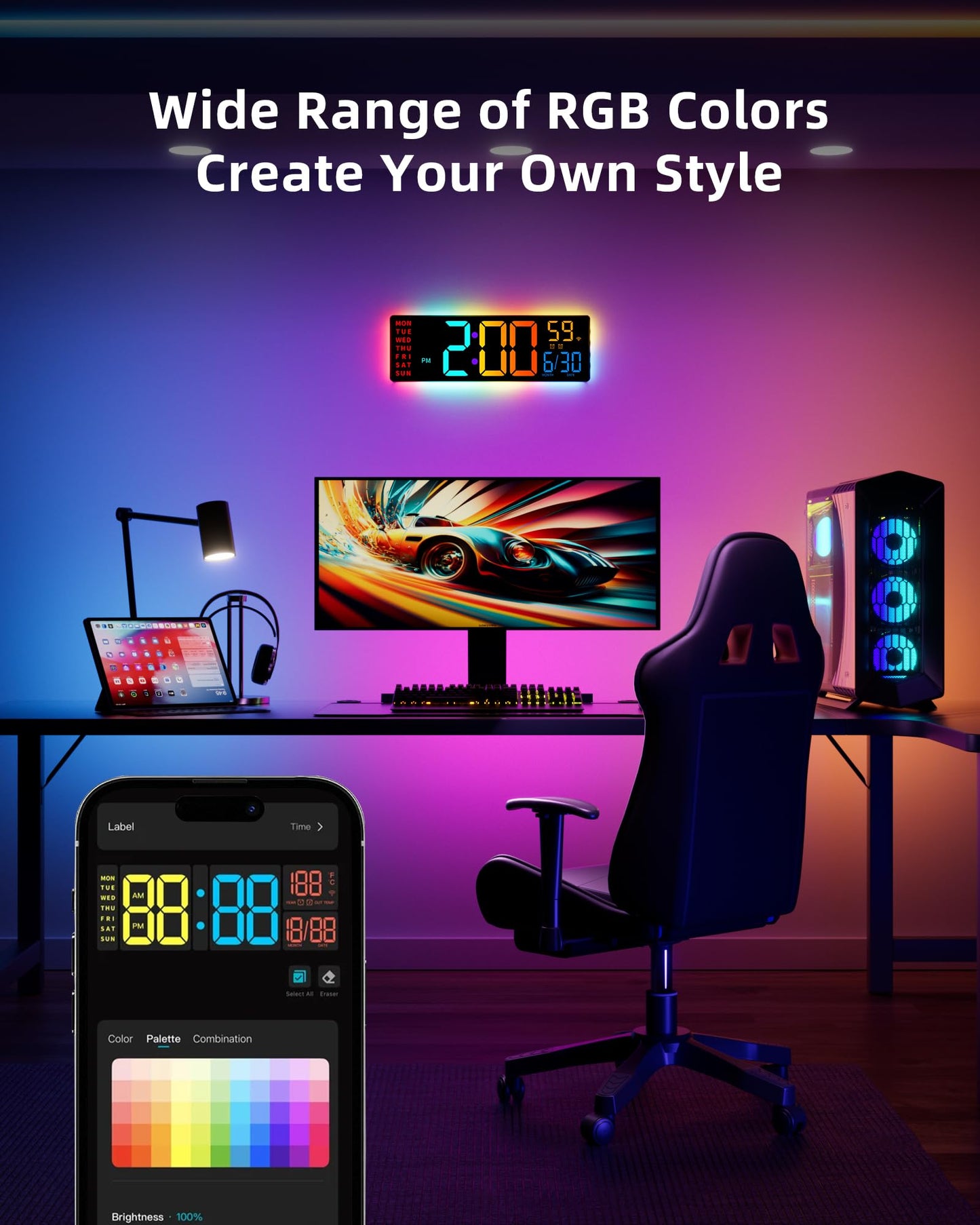 EASYERA Smart Digital Wall Clock with App Control, 16.5” Large RGBIC Wall Clock with Multiple DIY Color and Music Sync, LED Display, Auto DST, Plug-in Clocks for Classroom Home Gym Gaming