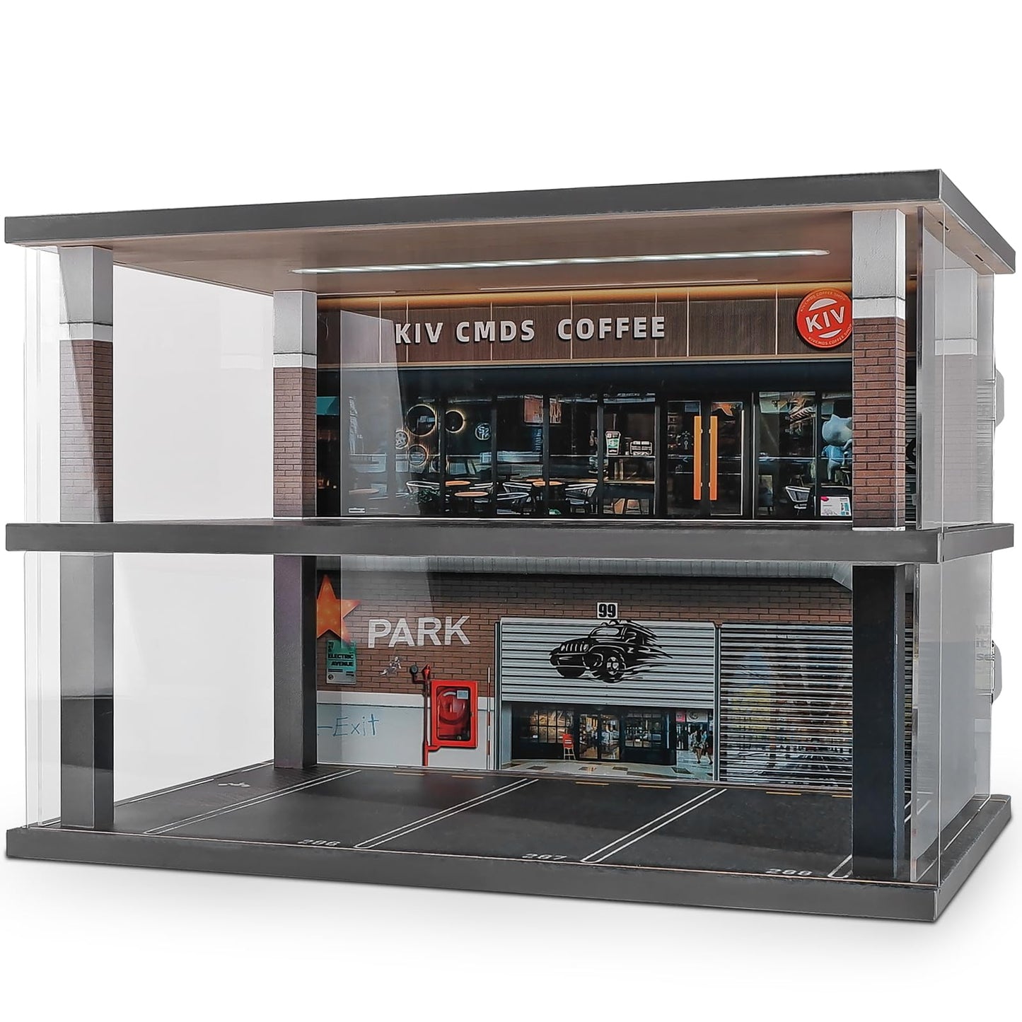 kivcmds 1:24 Scale Car Model Display Case with Parking Lot Scene for Car Model Toys and Lego, Display Stand for Alloy Car Model Toys with Light and Dust Cover (Coffee Bar Parking Lot)