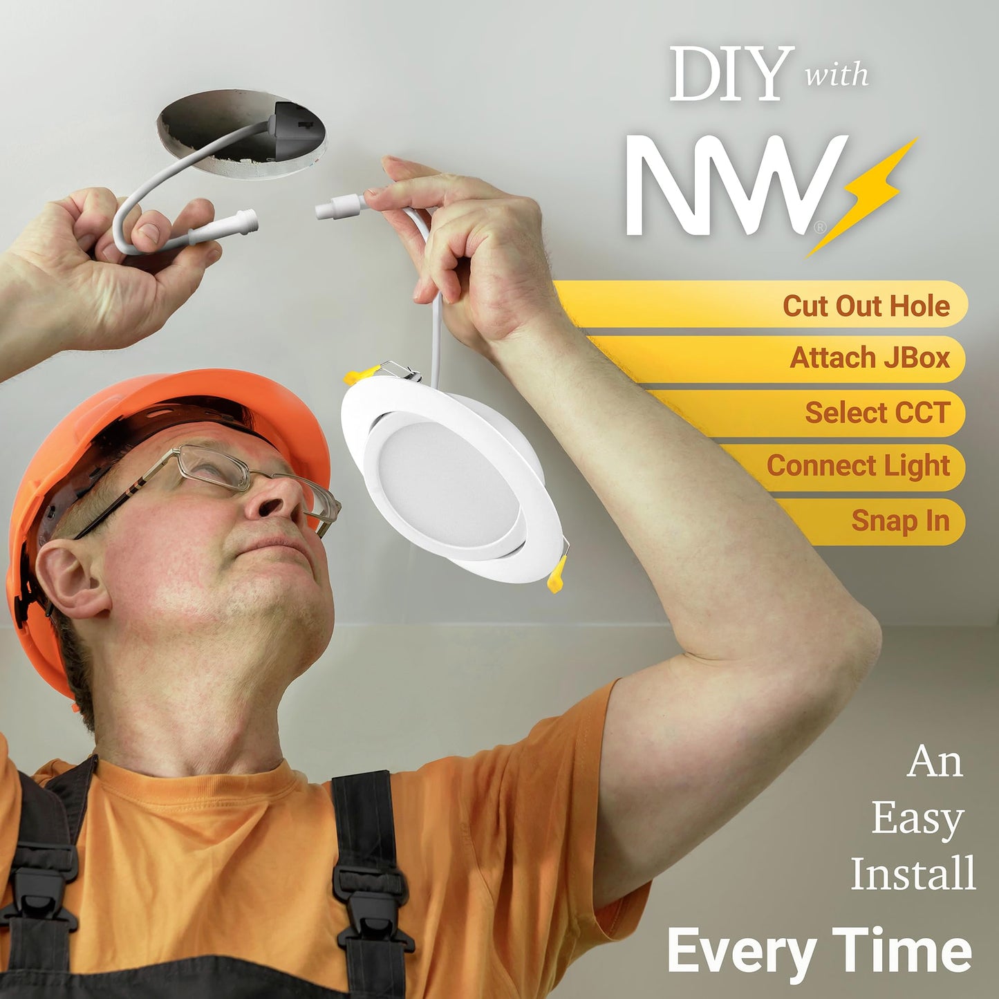 NUWATT 4 Inch Gimbal LED Recessed Lighting, 5CCT 2700K/3000K/3500K/4000K/5000K Selectable, 630 Lumen, Dimmable, Adjustable Pitched Canless Eyeball Lights for Sloped Ceilings, Metal Junction Box, 6 PK