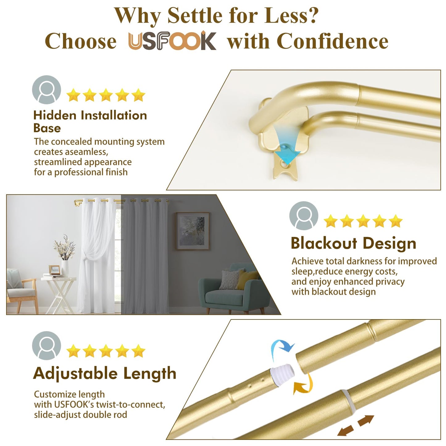 USFOOK 2 Pack Gold Blackout Double Curtain Rods Set, Wrap Around Rods for Windows 32 to 58 Inch, 6/8 Inch Room Darkening Curtain Rod, Metal