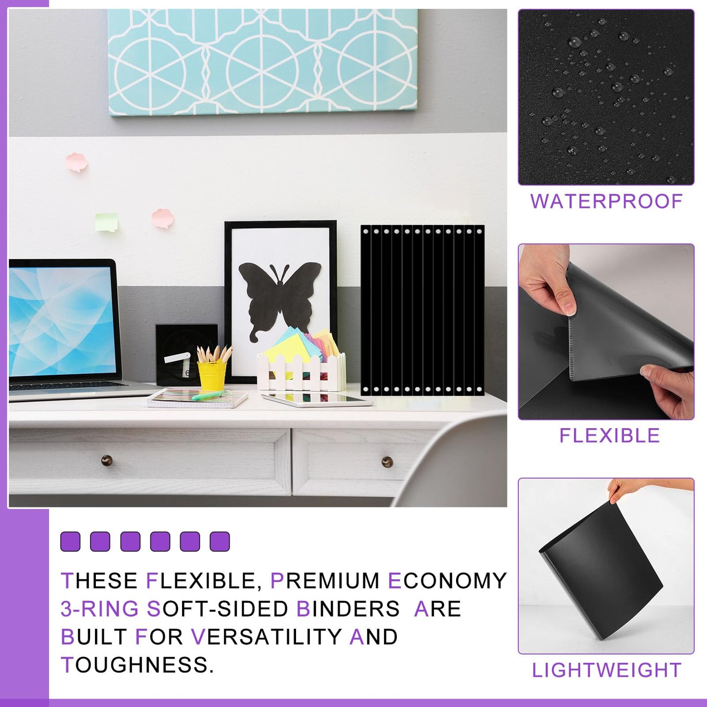 Fulmoon 24 Pcs 3 Ring Plastic Binders Bulk with 2 Pockets Flexible Binder with Transparent View Cover Plastic Binder for Home Office(1/2 Inch,Black)