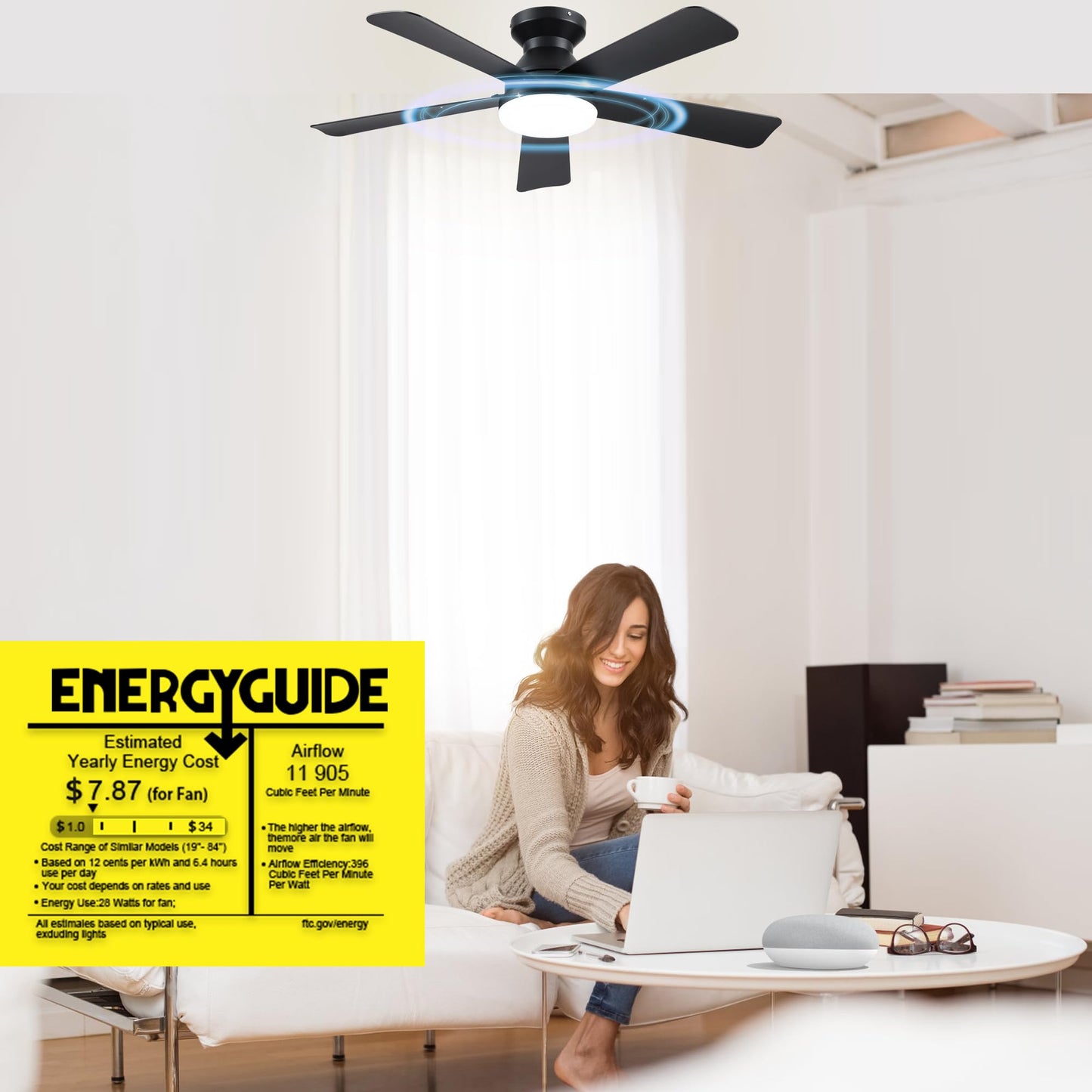 42 Inch Ceiling Fans with Lights and Remote Control, Indoor/Outdoor Flush Mount Low Profile Commercial Reversible Dimmable Ceiling Fans for Living Room Patio Industrial Shop, Black