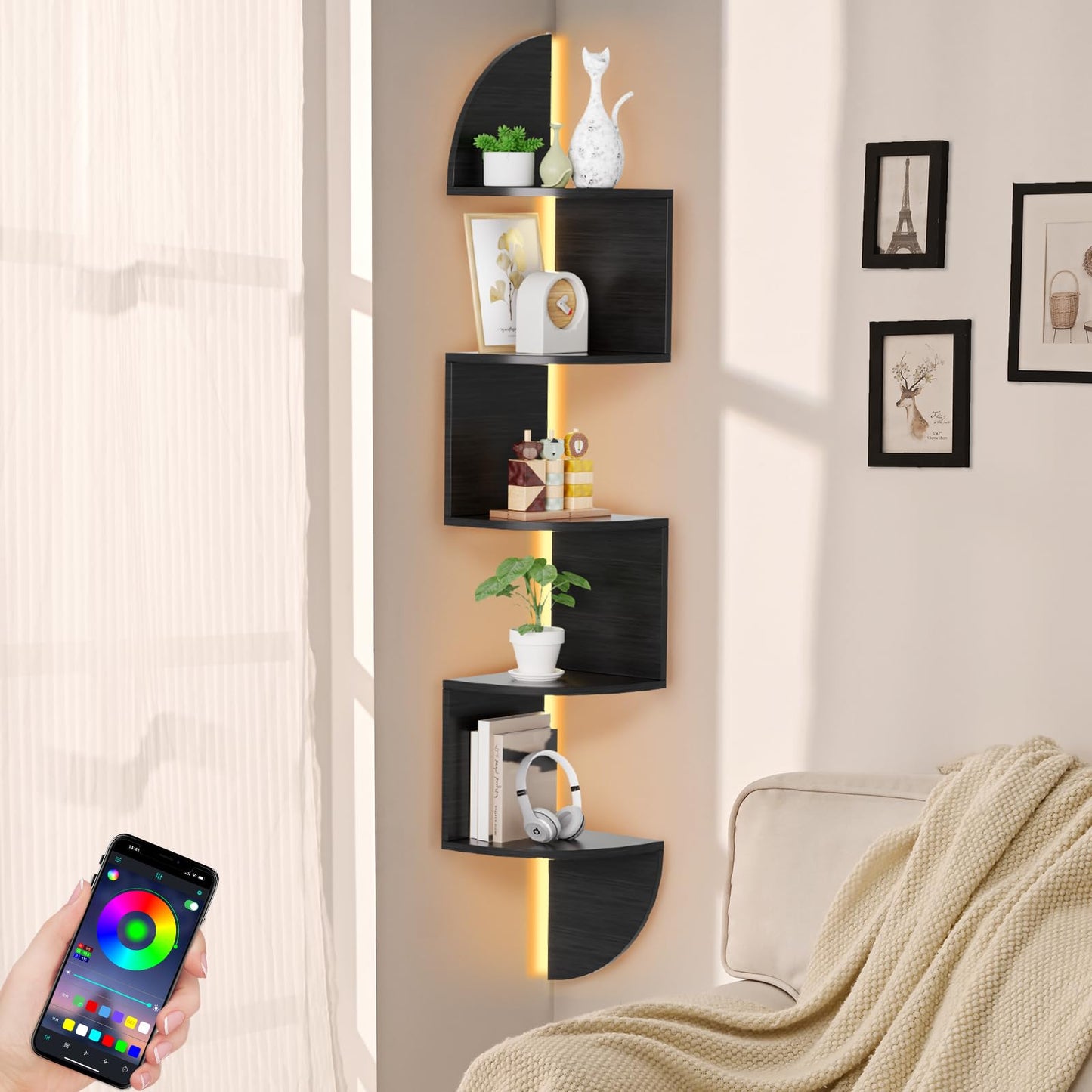 Waipfaru Corner Shelf, 5 Tier Bookshelf with LED Light, Corner Shelf Wall Mounted, Floating Shelves for Wall, Display Stand for Bedroom, Living Room, Bathroom, Home, Office, Black