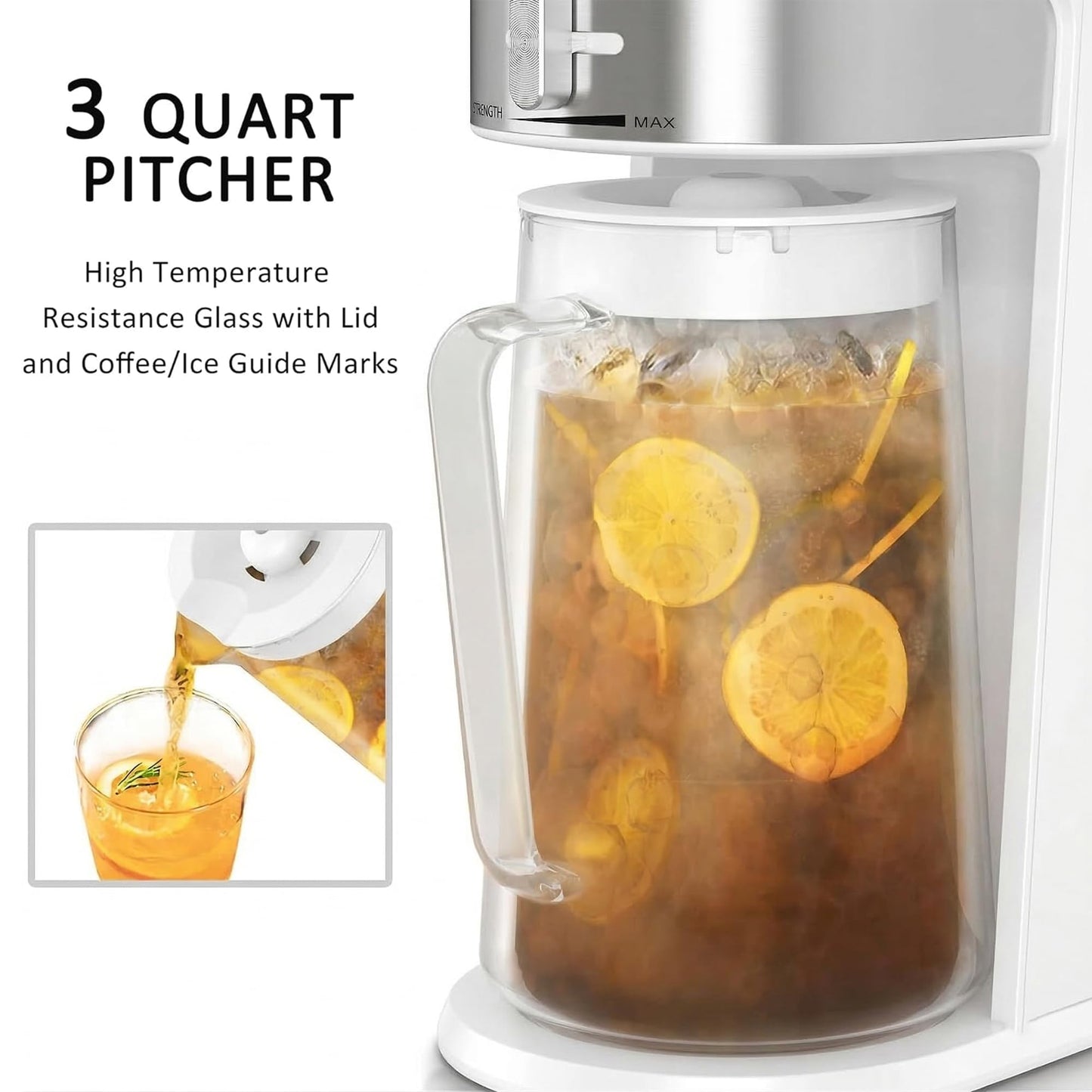 wirsh Iced Tea Maker with 3QT Pitcher, Iced Coffee Maker with Strength Control and Reusable Filter, Perfect For Iced Coffee, Latte, Tea, Lemonade, Flavored Water,White