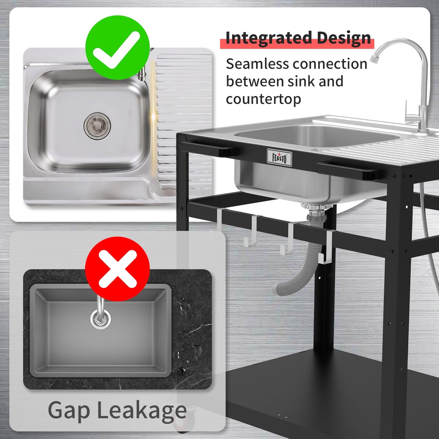 35” Outdoor Grill Cart with Sink, Outdoor Kitchen Sink Station with Hose Hook Up, Free Standing Sink with Wheels, 304 Stainless Steel Sink with Single Bowl, Outdoor Utility Sink with Faucet