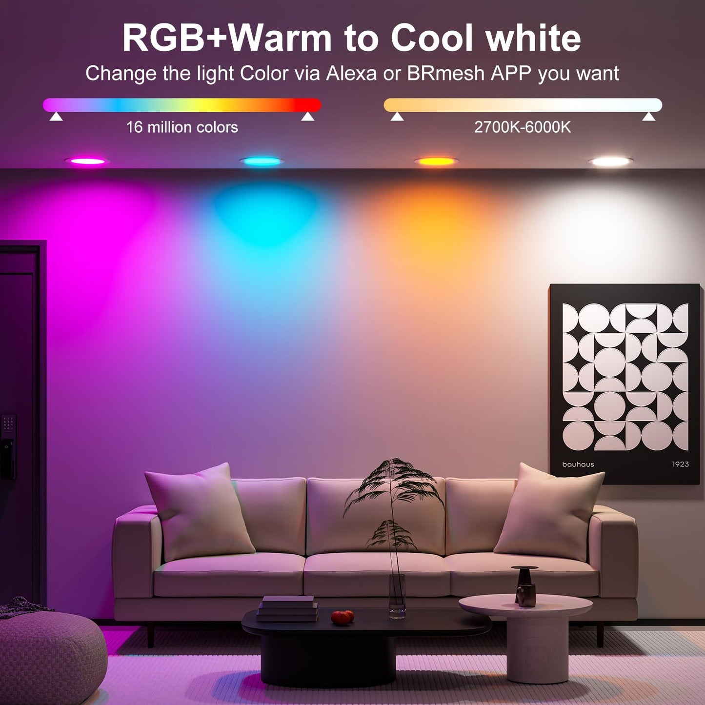 Smart Recessed Lighting 6 Inch RGBCW Color Changing 16W LED Recessed Ceiling Light with Junction Box,1350LM Canless LED Downlight Compatible with Alexa,Dimmable by Bluetooth Control -6 Pack