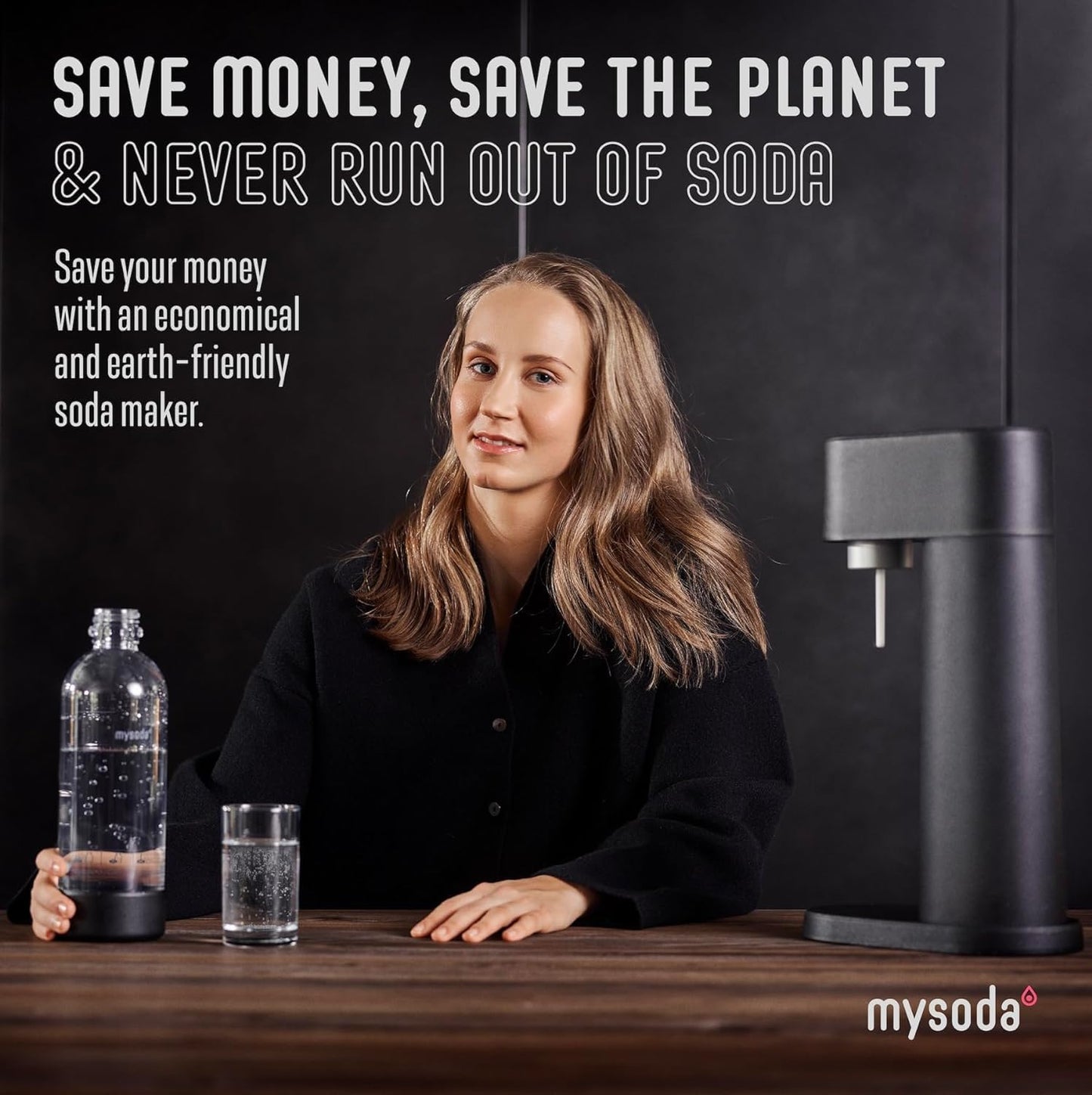 Mysoda Woody Sparkling Water Maker - Soda Streaming Machine Silent Carbonated Water Machine Robust Long-Lasting Aluminium Soda Maker 1L Water Bottle Without CO2 Cylinder - Black Soda Machine