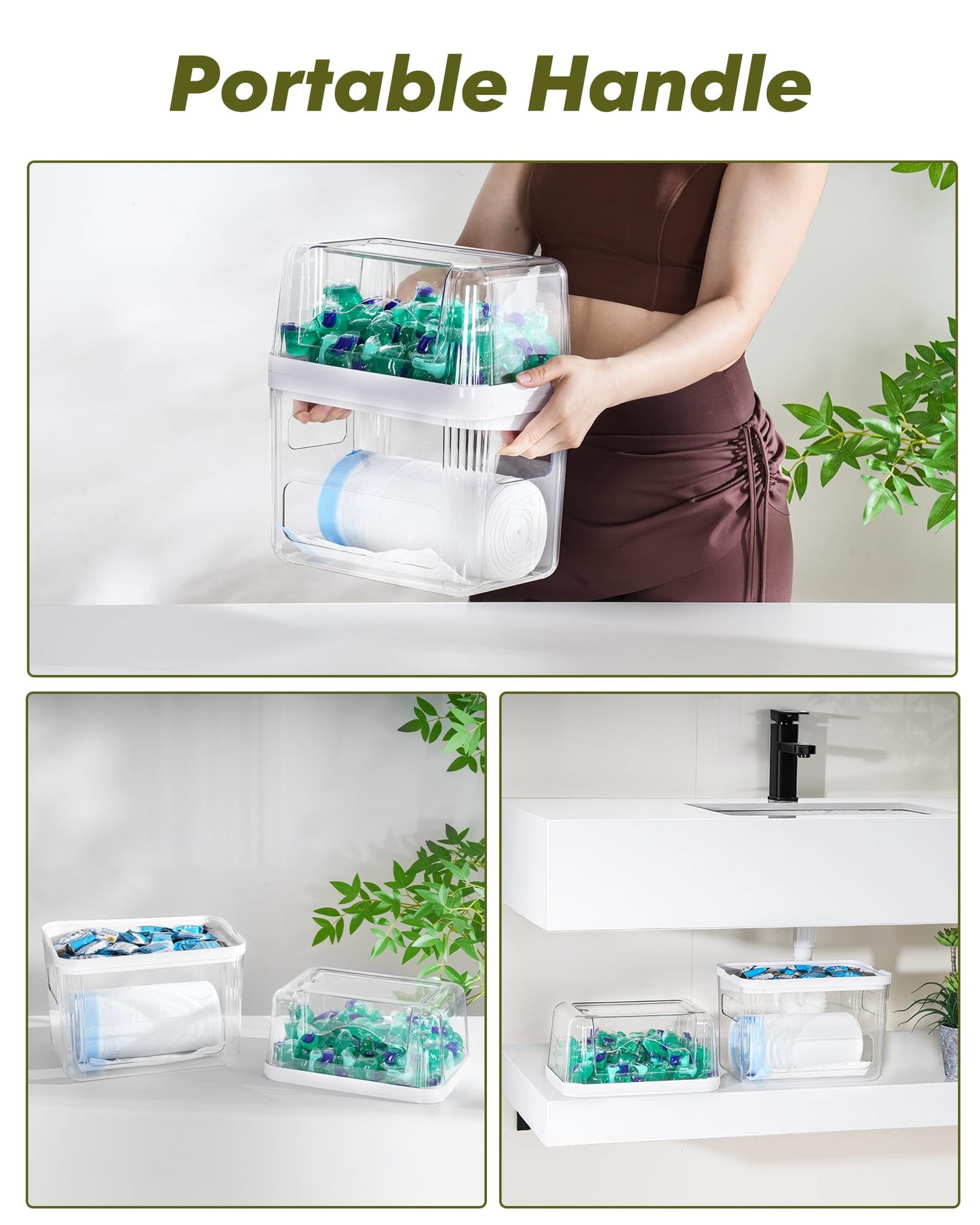 iCASA Trash Bag and Dishwasher Pod Dispenser - 3 in 1 Clear Storage Bins Holder for 13/30/33 Gallon Garbage Bags, Laundry Detergent Pods & Tabs, Under Sink Organizer for Kitchen and Laundry Room