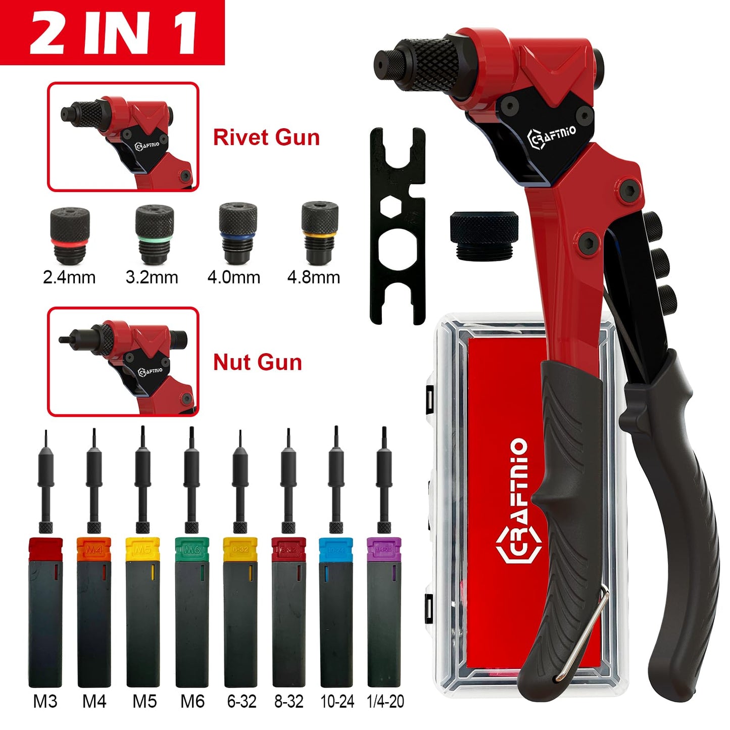 2 in 1 Rivet Nut Tool, Rivet Gun, 360° Swivel Head Multi-Application Tool with 4 Rivet Heads and 8 Metric & SAE Mandrels, Hand Riveter Tool with 80 Rivets and 80 Rivet Nuts, Designed for Tight Space