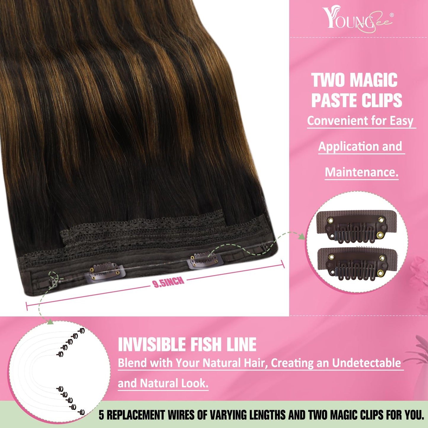 YoungSee Wire Human Hair Extensions Brown Wire Couture Hair Extensions Human Hair Balayage Darkest Brown with Medium Brown Wire Extensions Real Human Hair Comfortable Human Hair Extension 80G 16In