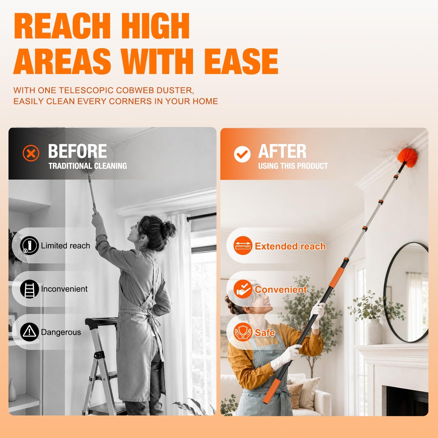 LAANPOLE 20FT Cobweb Duster with Extension Pole, Spider Web Brush for Cleaning Extendable, Professional Ceiling and Corner Dusters for Outdoor Indoor Use