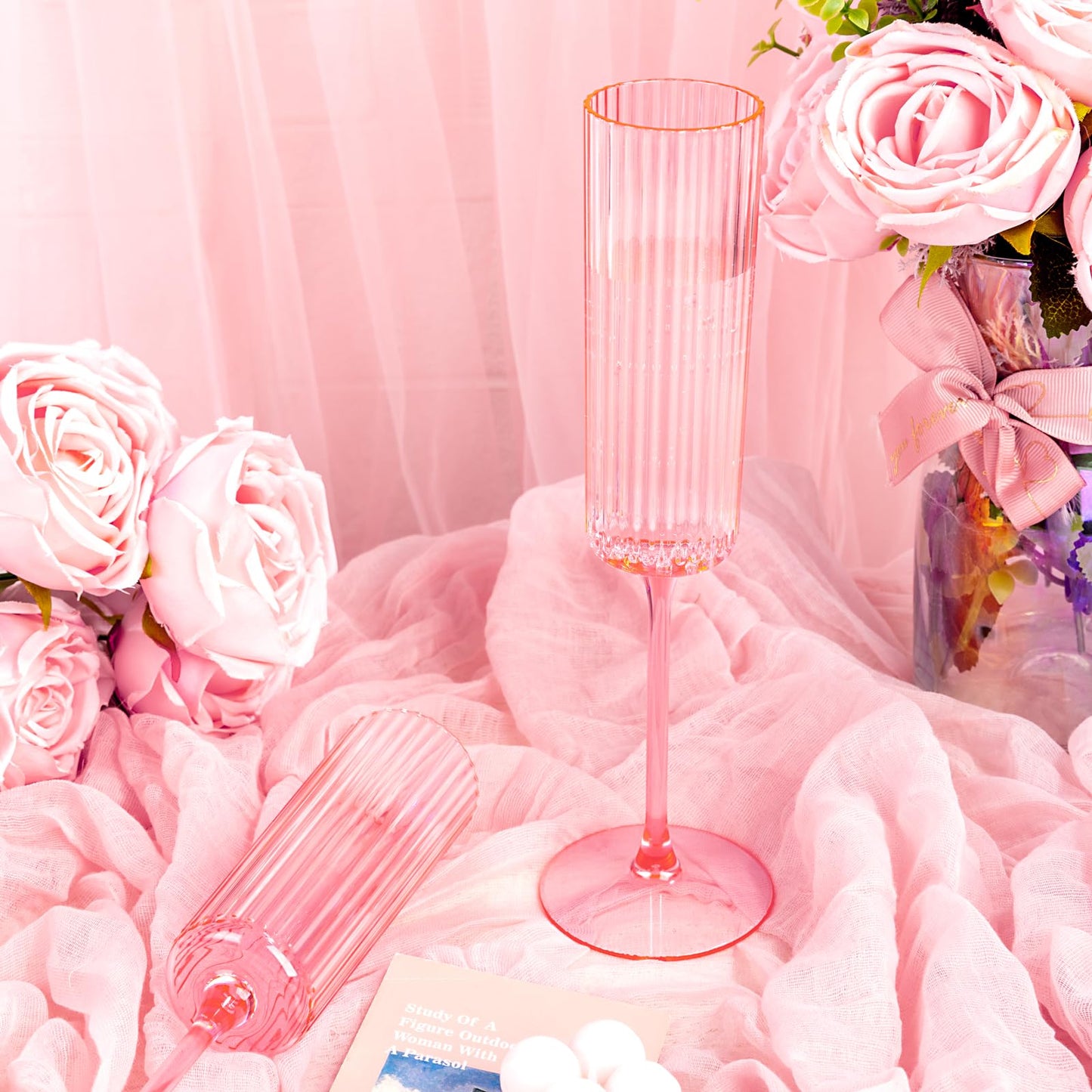 Joyido 36 Pack Pink Plastic Champagne Flutes - 6oz Ribbed Disposable Champagne Glasses - Clear Pink Vintage Mimosa Glasses with Long Stem Elegant & Lightweight for Wedding Party