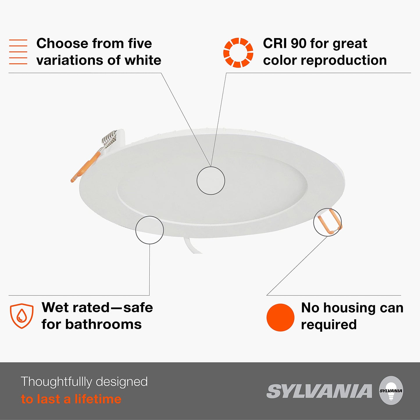 SYLVANIA LED 6" Slim Microdisk Recessed Downlight Junction Box, 16W, CCT 5 Color Selectable, 2700K/3000K/3500K/4000K/5000K, 1200 Lumens, Dimmable - 4 Pack (61406)