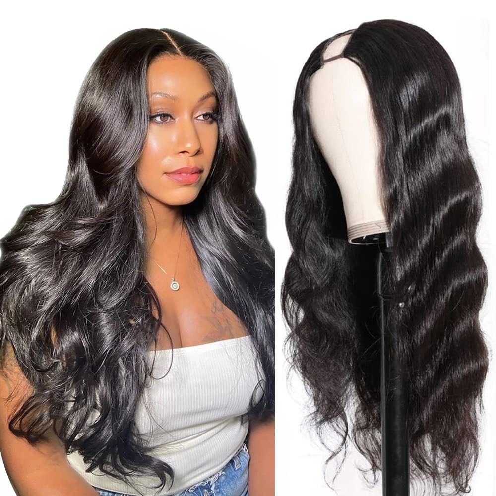 Tahikie U Part Human Hair Wig Body Wave 180% Density U Part Wig Brazilian Virgin Human Hair Wig for Black Women 10A Full Head Clip in Half Wig Glueless No Leave Out Lace Front Wig Natural Color 18inch