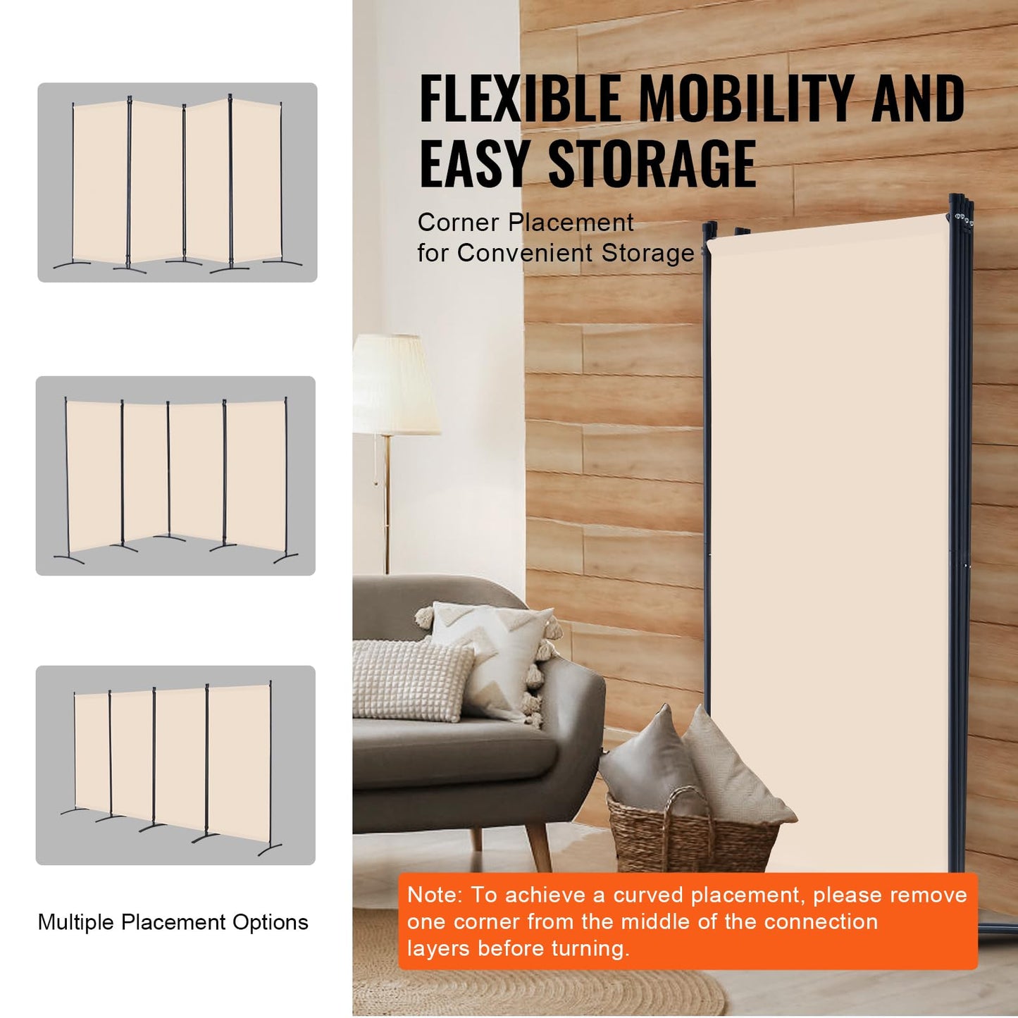 VEVOR Room Divider, 4 Panel Room Divider, Folding Privacy Screen and Portable Partition Divider for Room Separation, Freestanding Room Partitions for Office, Bedroom, Study, Beige