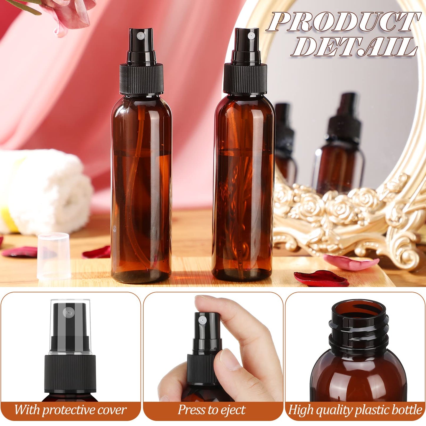 Nuogo 90 Pack 4 Oz Plastic Spray Mini Reusable Bottles Travel Size Perfume Refillable Sprayer Empty Mist Bottle for Essential Oil(Amber)