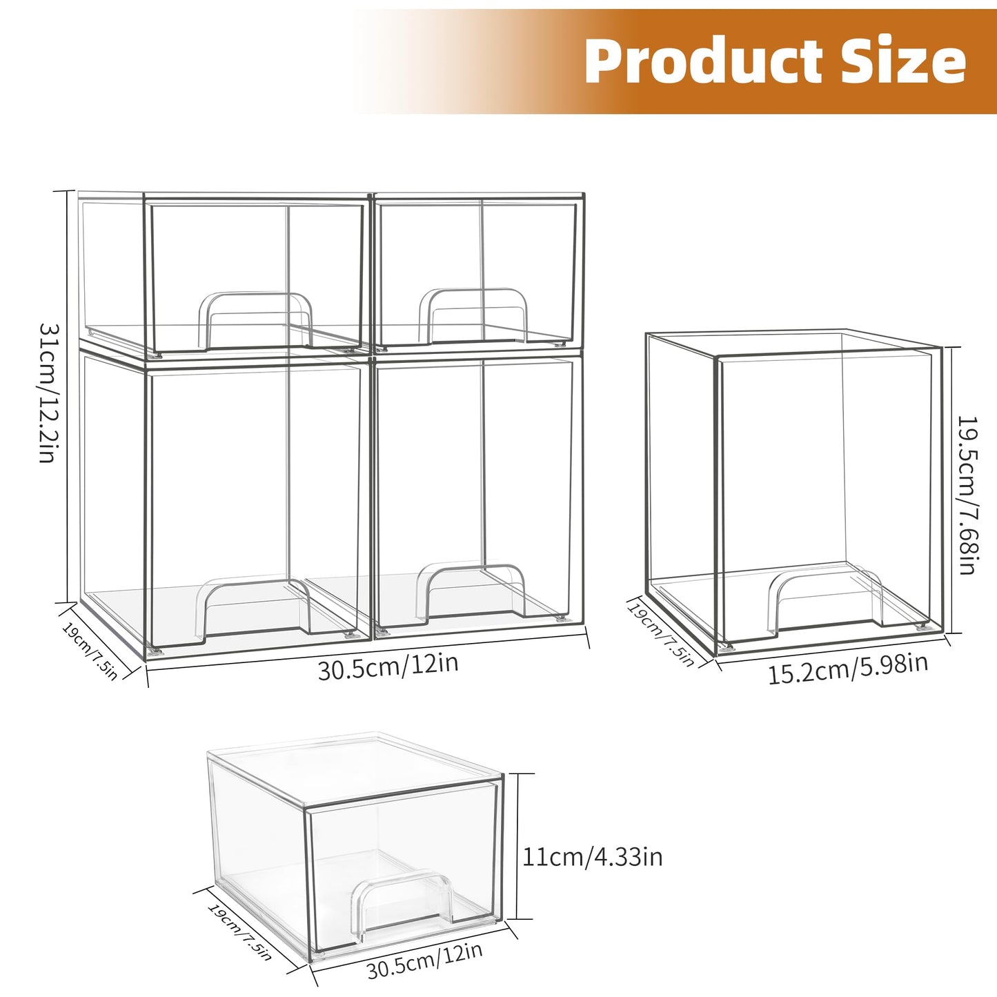 Baby Bottle Organizer, Stackable Storage Drawers with Label, Clear Station Organizers Container for Pacifiers, Pump Parts, Desk Organizer Bins for Bathroom, Cabinet, Pantry, Vanity, Countertop, 4 Pack