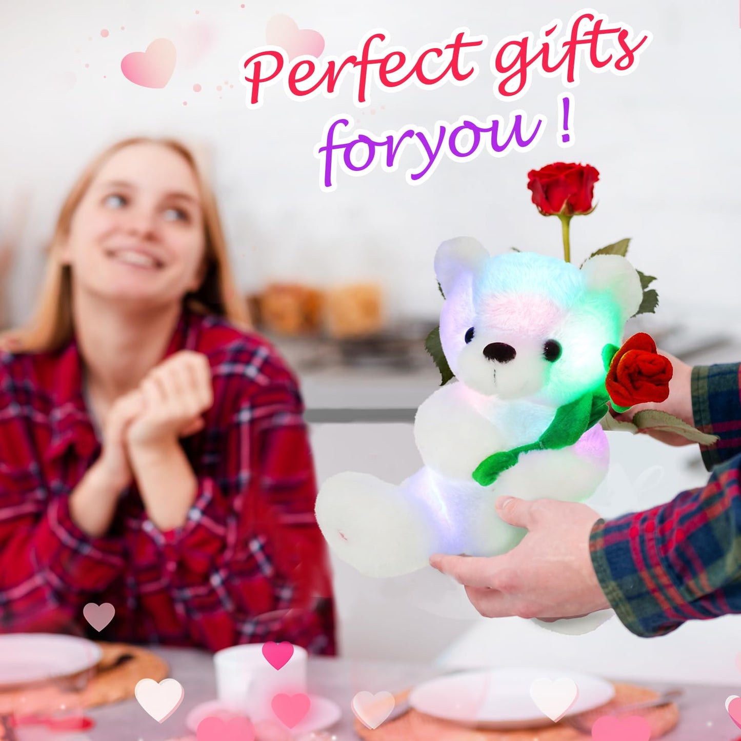 Houwsbaby Glow Teddy Bear with Rose Stuffed Animal Soft Light Up Plush Toy LED Night Lights Valentine’s Day Gifts for Kids Toddler Girlfriend Mother's Day, White, 10.5''