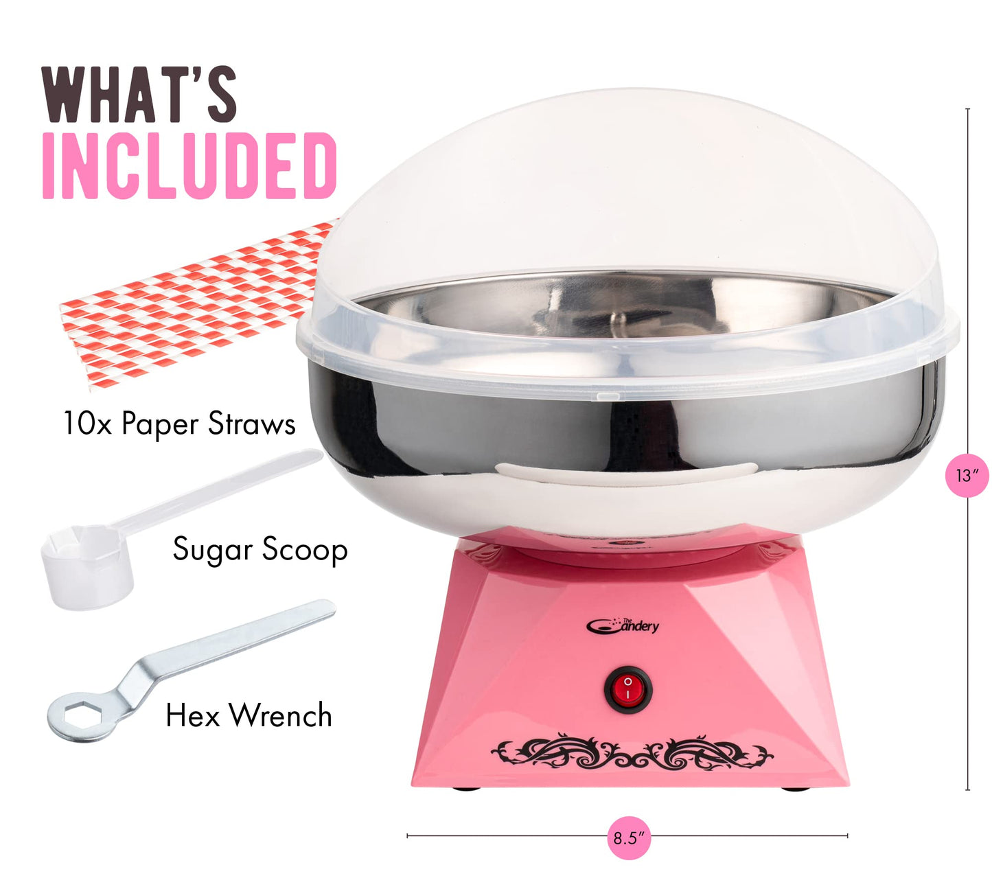 Cotton Candy Machine with Stainless Steel Bowl 2.0 - Cotton Candy Maker 10 Cones & Sugar Scoop - Household Cotton Candy Machine for Kids, Birthday Party - Use Floss Sugar, Hard Candy- By The Candery