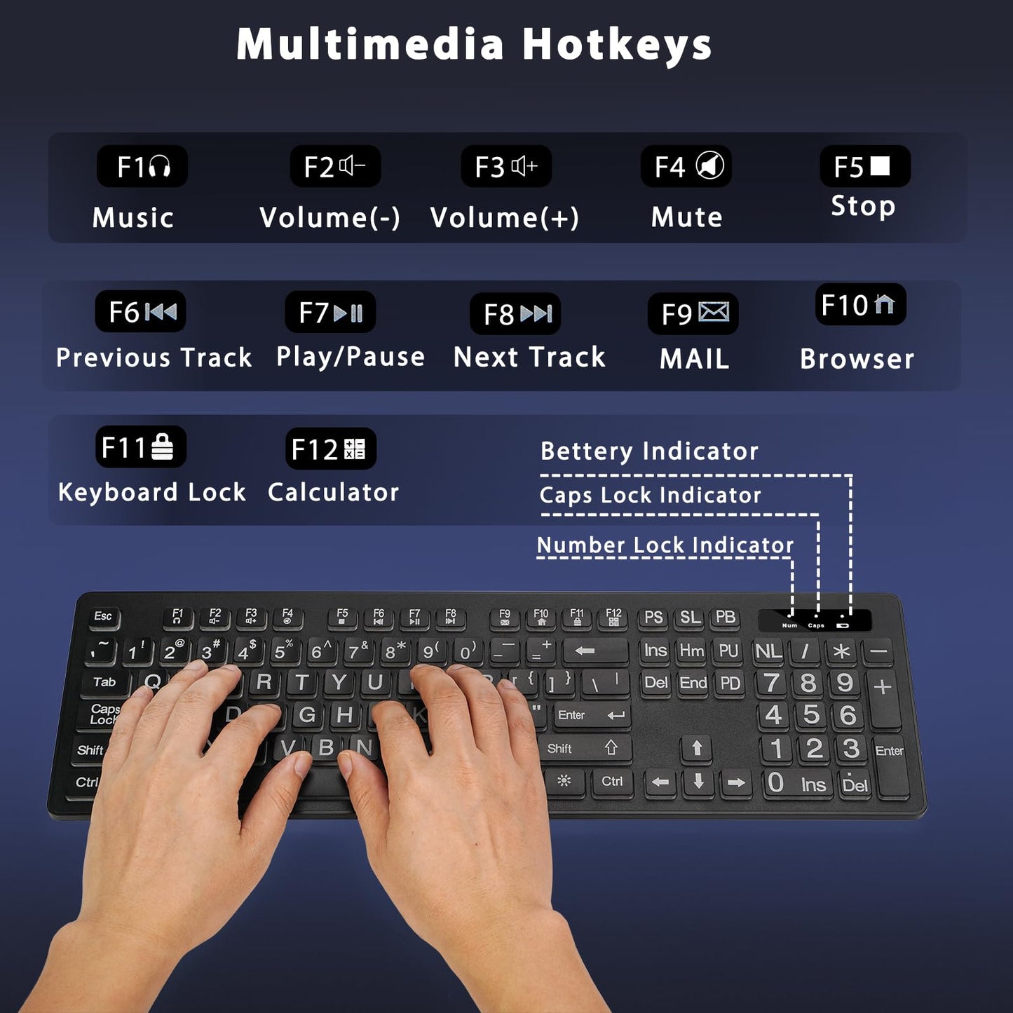 Wireless Keyboard and Mouse - Large Print Wireless Keyboard, KOPJIPPOM 2.4G Full Size Keyboard and Mouse Set with Big Letters and Backlight Key for Seniors, Compatible for Windows, Laptop, PC, Black