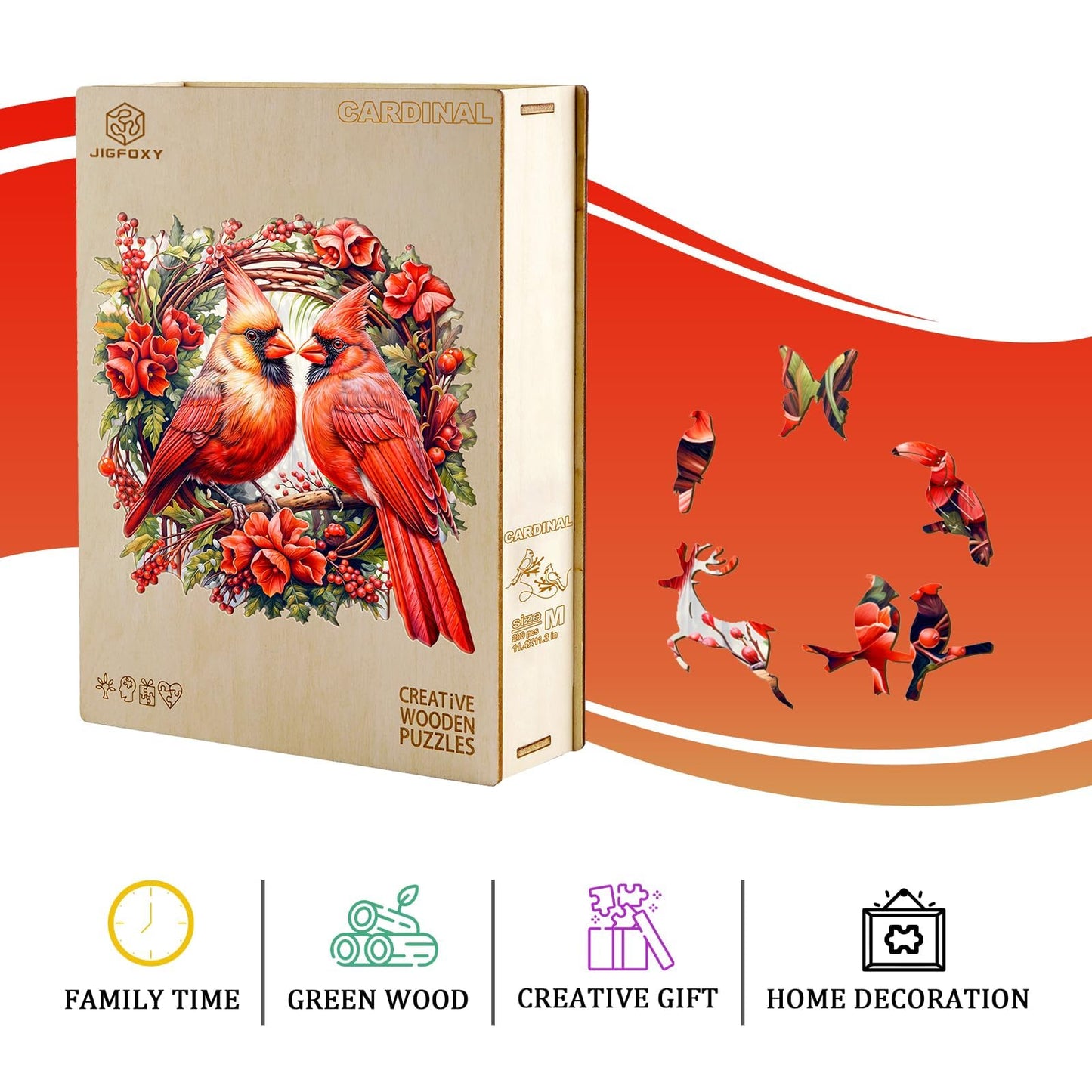 Jigfoxy Wooden Puzzles for Adults, Cardinal Wood Puzzles Adult, Unique Animal Shape Wooden Jigsaw Puzzles for Adults, Birthday Gifts for Puzzle Lovers, Family, Friend (L-13.3 * 13.3in-300 pcs)