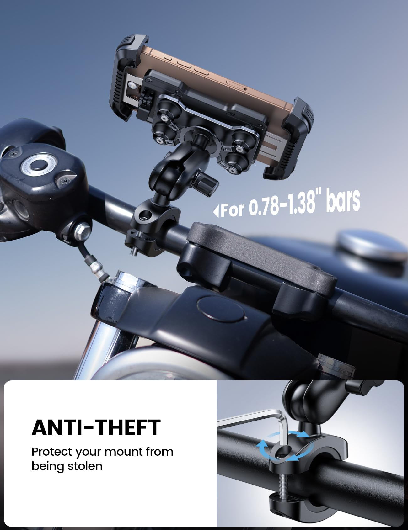 Lamicall Motorcycle Phone Mount Holder - [Dual Vibration Dampener] [720° Adjustment Arm] Motorcycle Cell Phone Holder, Bike Handlebar Phone Mount, for iPhone 16/15/ 14/13 Pro Max, 4.7-6.7" Phones