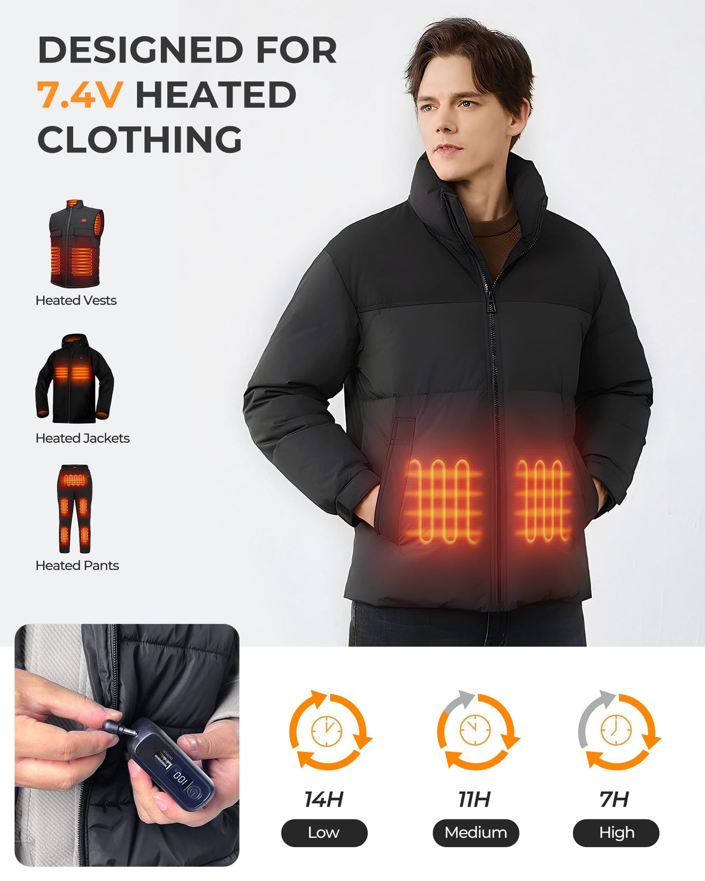 7.4V 18400mAh Heated Vest Battery Pack for ORORO, for Venustas, Portable 7.4V Battery Pack for Heated Jacket with 2 Adapter Cables, Power Bank for Heated Vest, Jacket, Pant(No for 5V Heated Device)