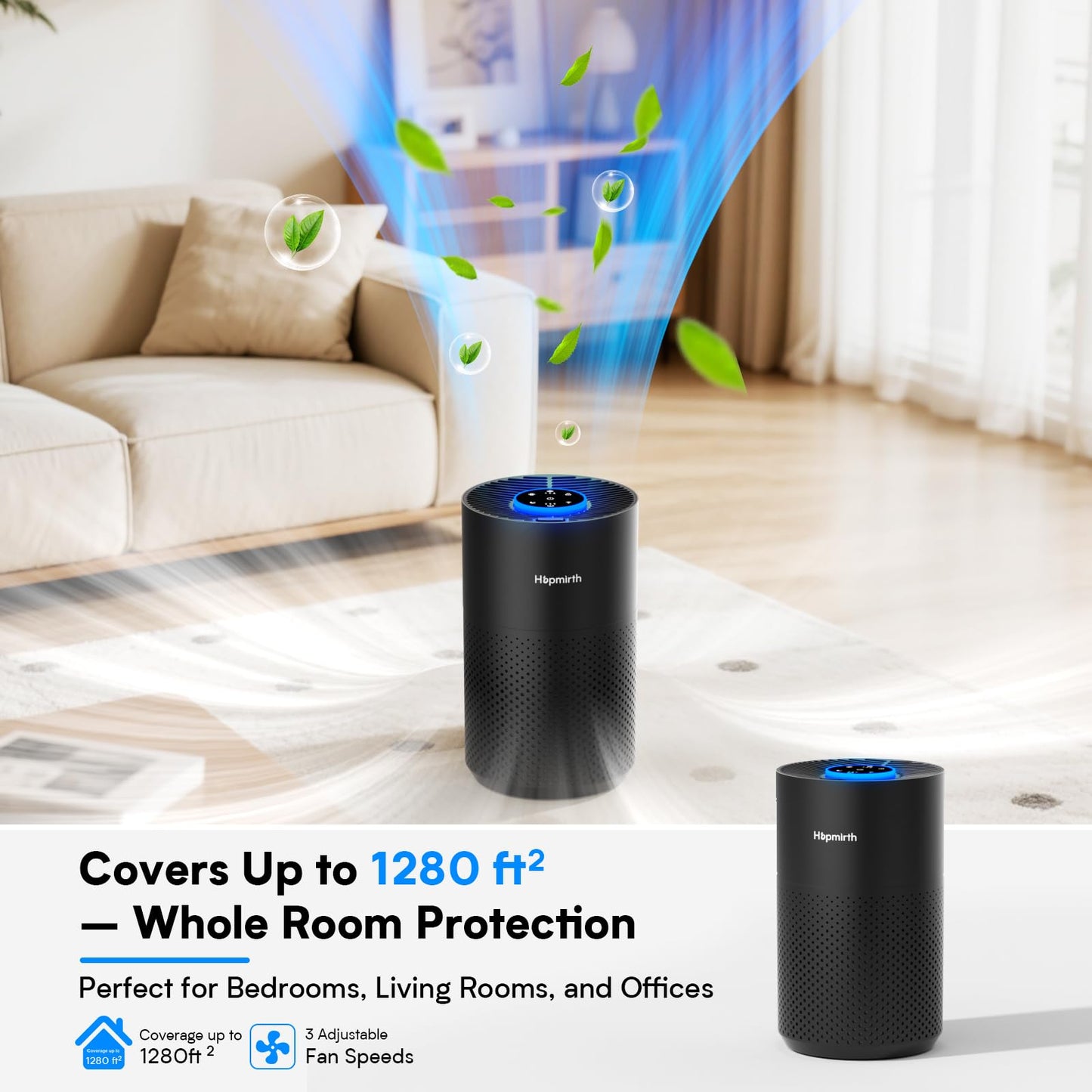 Hopmirth Upgraded Air Purifiers for Bedroom & Home with H14 True HEPA Filter, Covers Up to 1280ft², 360° Air Intake, Quiet Pet Air Purifier, Fragrance & Timer,Removes Smoke, Pet Dander & Pollen,Black