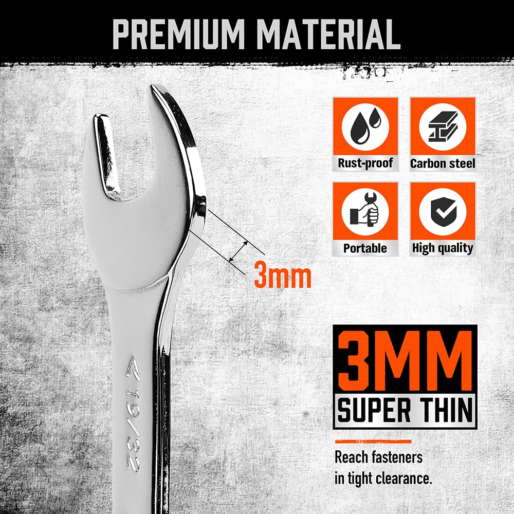 HORUSDY Thin Open End Wrench Set | Bike Wrench Set with Rolling Pouch | 19-Piece SAE & Metric | CR-V Steel | 1/4" to 1-1/16" & 5.5mm to 27mm for Mechanics