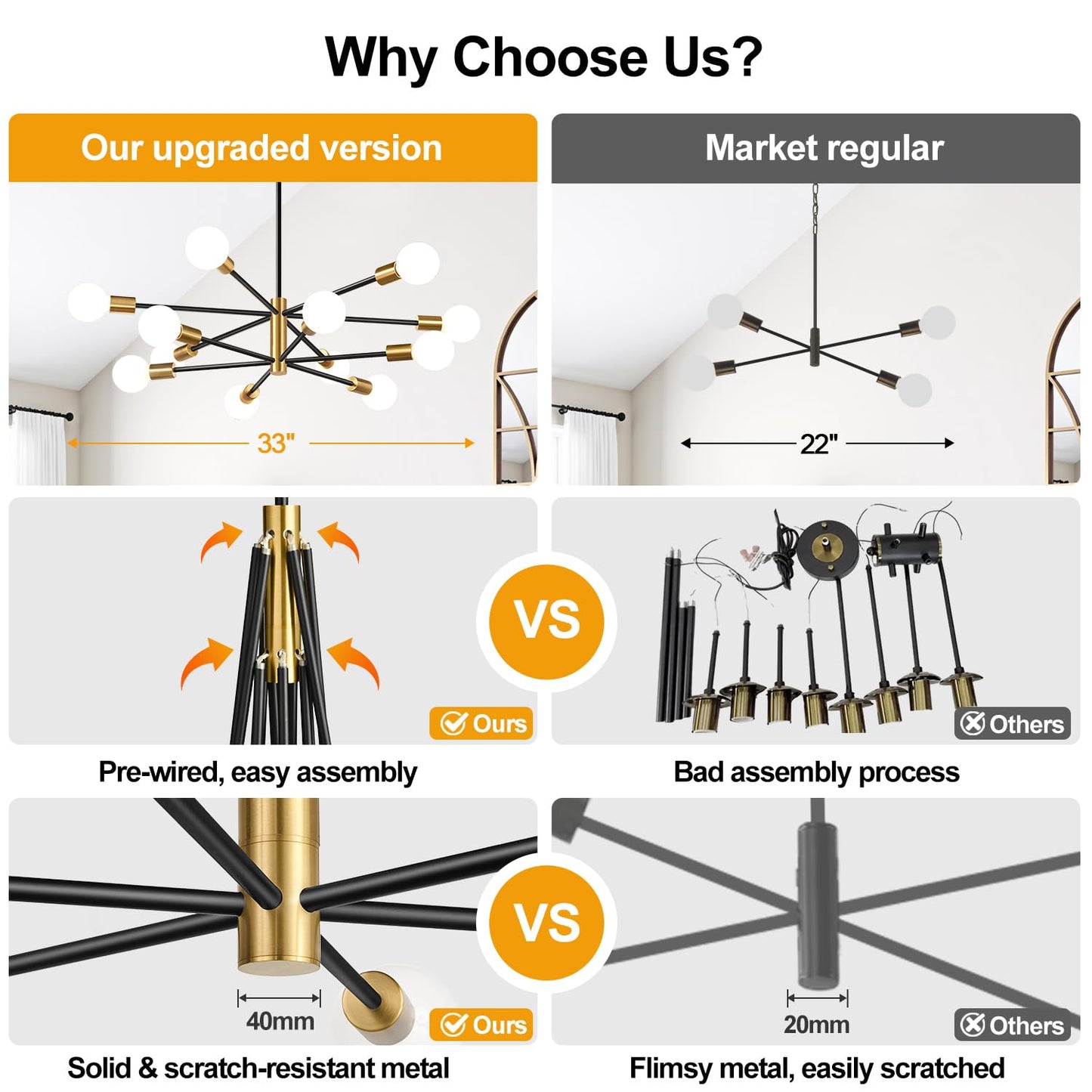 33" Modern Chandelier Ceiling Light Fixture, 12-Light Sputnik Chandeliers Brushed Gold and Black Mid Century Chandelier Over Table, Height Adjustable Chandeliers for Dining Room Living Room Kitchen