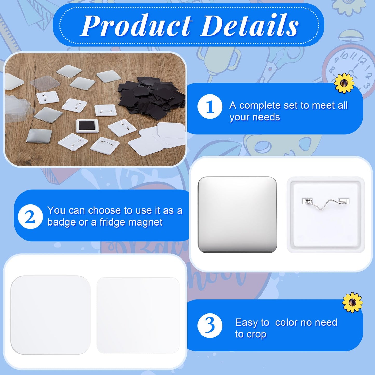 Teenyyou 200 Sets 50mm/ 2 Inch Button Press Supplies Square Button Parts DIY Fridge Magnets Craft Set Including Magnet, Metal Cover, Plastic Back Cover, Pins, Transparent Film, Blank Paper (Plastic)
