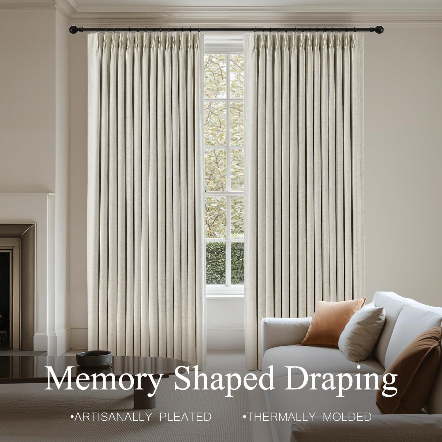 Pinch Pleated Curtains 100% Blackout Linen Curtains 90 Inches Long for Bedroom Living Room, Natural Memory Trained Thermal Insulated Room Darkening Window Pleat Drapes with Hooks, 2 Panels, 40"Wx90"L
