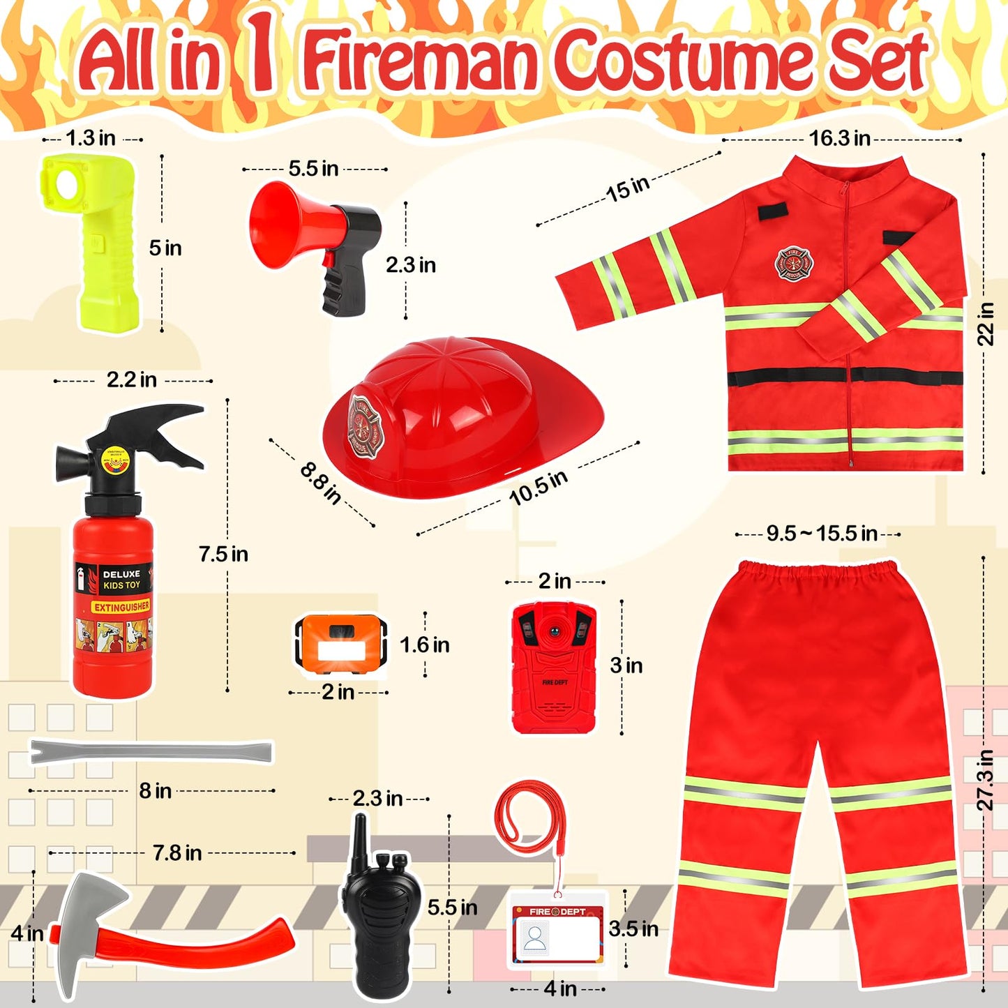 HUUIDY Fire Chief Costumes for Kids, Fireman Role Play Dress Up Set, Kids Costume with Fire Fighter Accessories