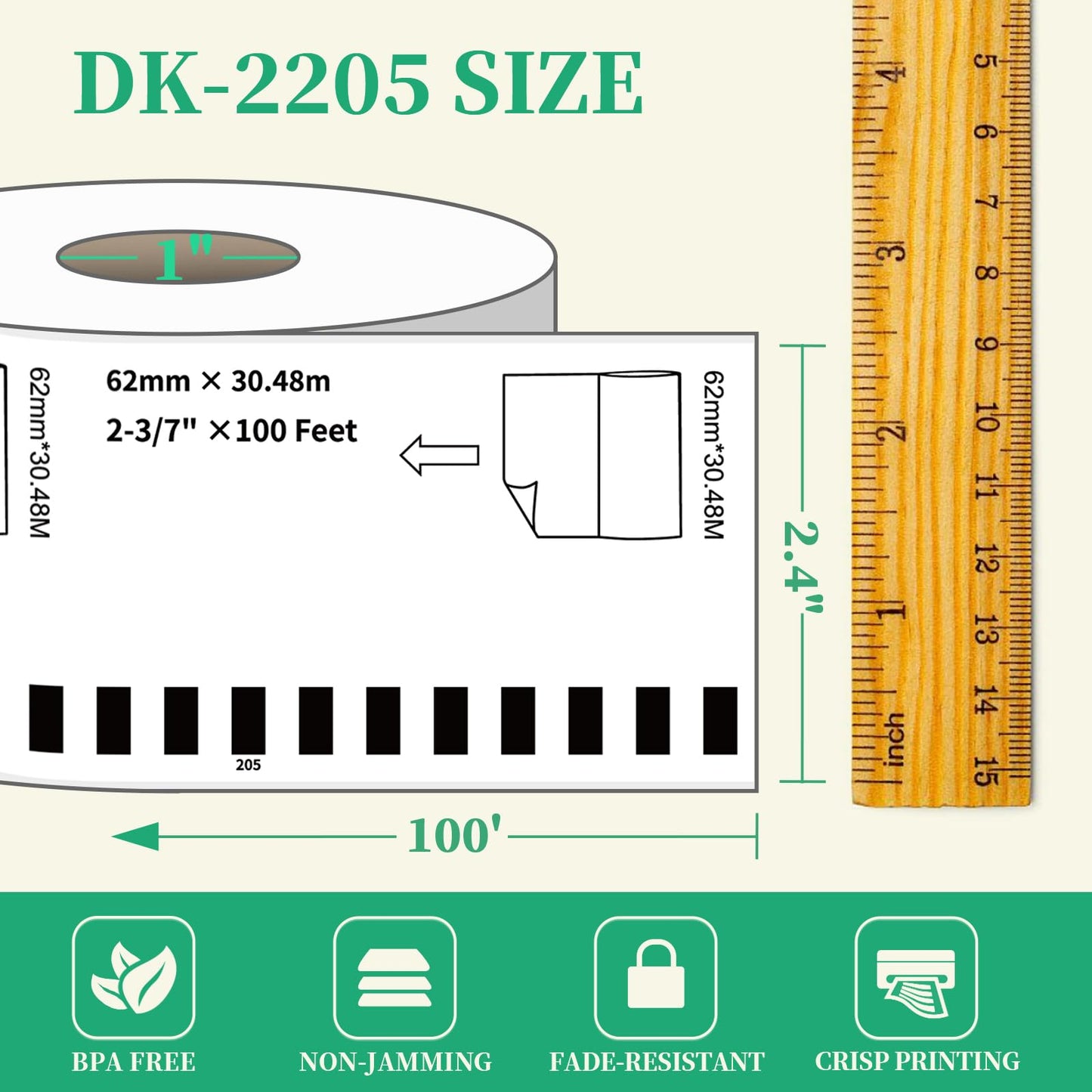12 Rolls Replace Brother Continuous Label DK-2205 (2.4" X 100') Compatible with QL-800 QL-820 QL-810 QL-1110 and Other All Brother QL Label Printer, Suitable for Address Labels Barcode Labels