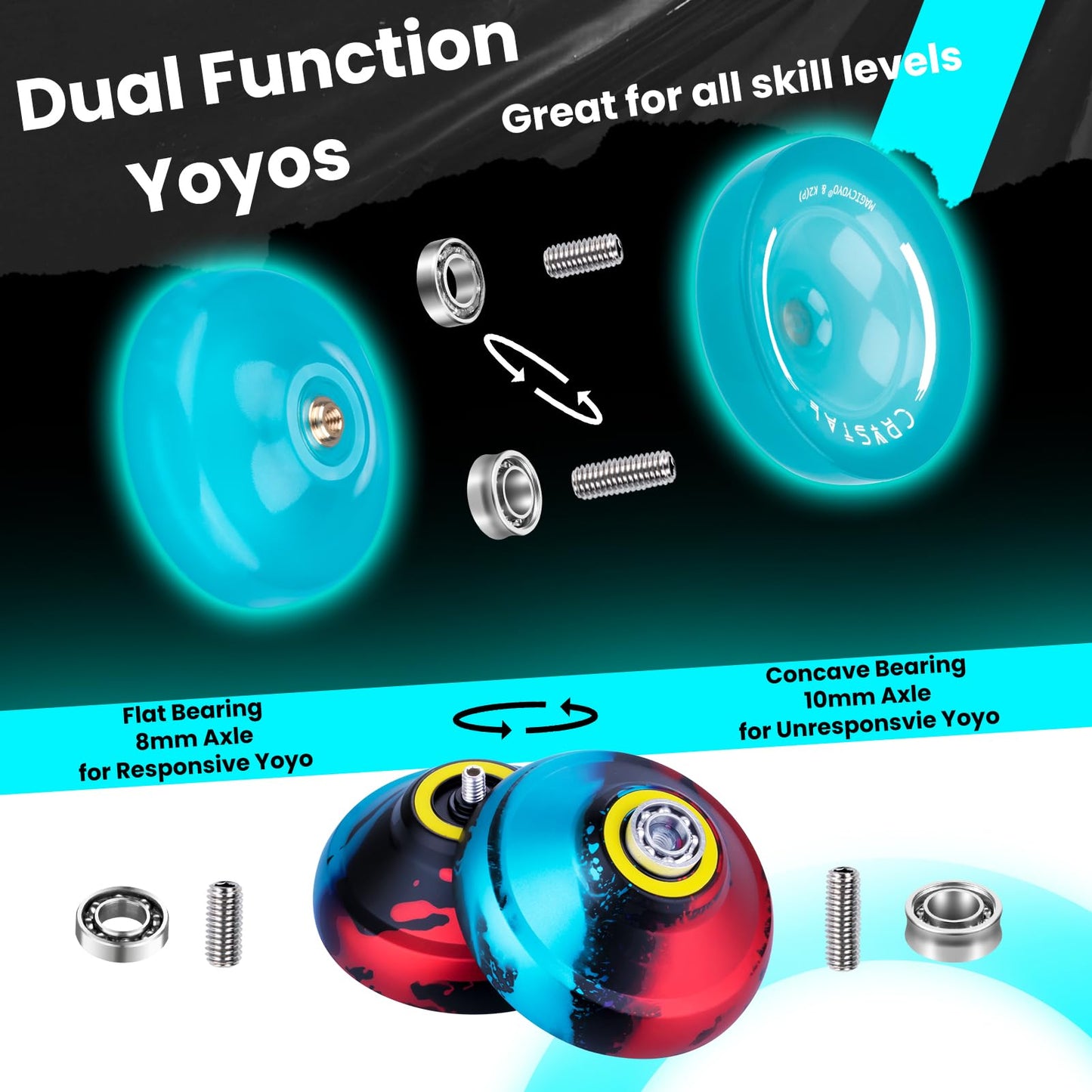 MAGICYOYO Finger Spin Yoyo Pack of Metal Yoyo V12 + Plastic Yoyo K2, Responsive yoyo for Kids 8-12, Professional Yoyo for Adults, Dual Function yoyos with Concave Bearing Kit, 12 Yoyo Strings