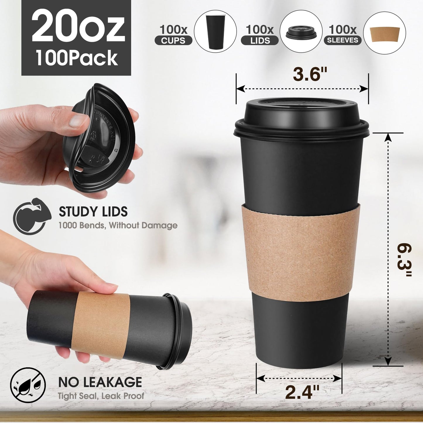 Ginkgo 100 Pack 20 oz Disposable Coffee Cups with Lids and Sleeves, Leak-Free Black Insulated Hot To Go Cups for Coffee Bars, Restaurants, Offices