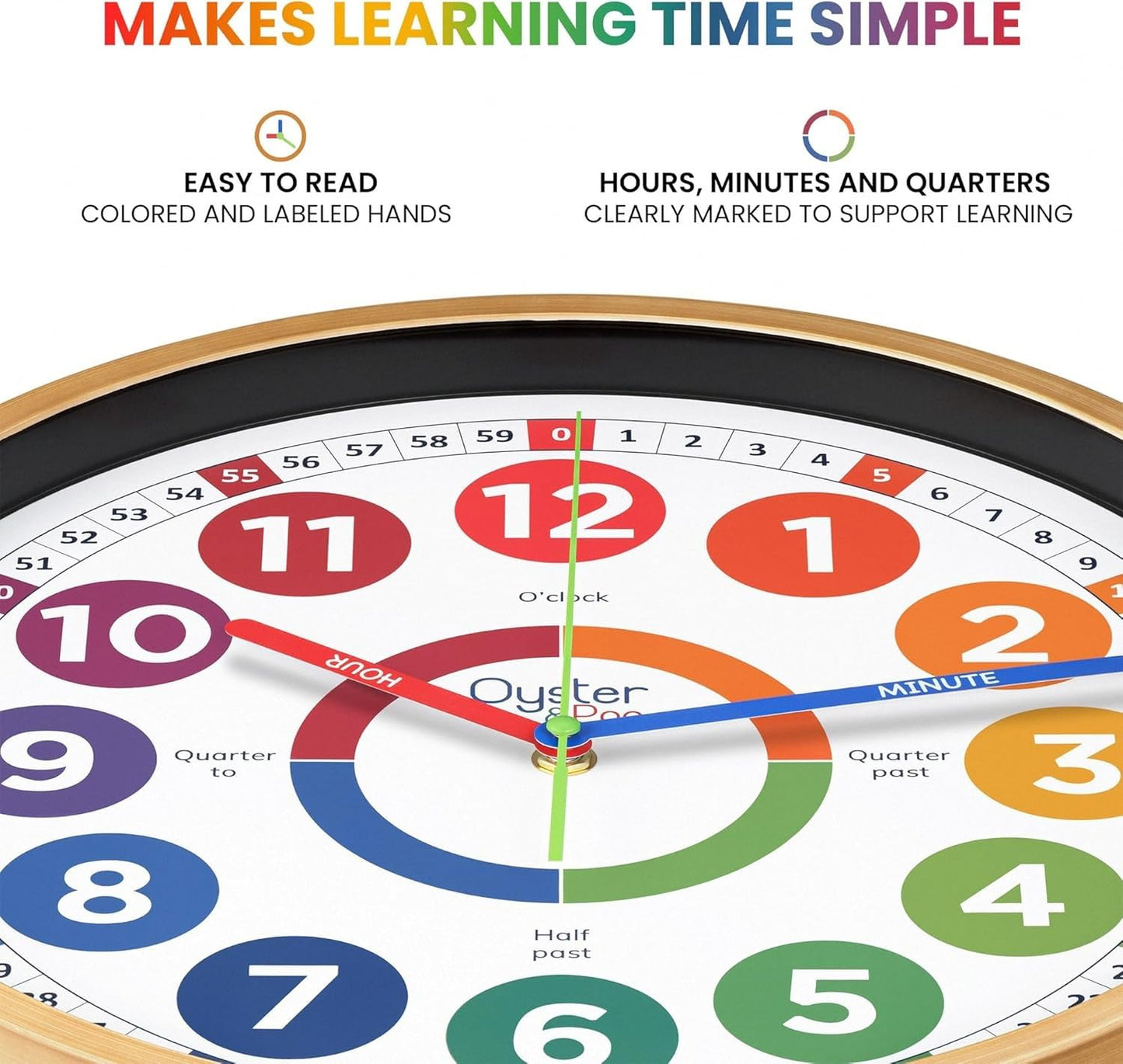 Oyster&Pop Kids Clock - Silent 14" Analog Learning Wall Clocks - Award-Winning Telling Time Teaching Clock for Kids - Large for Classrooms Homeschool & Bedrooms - Includes eBook