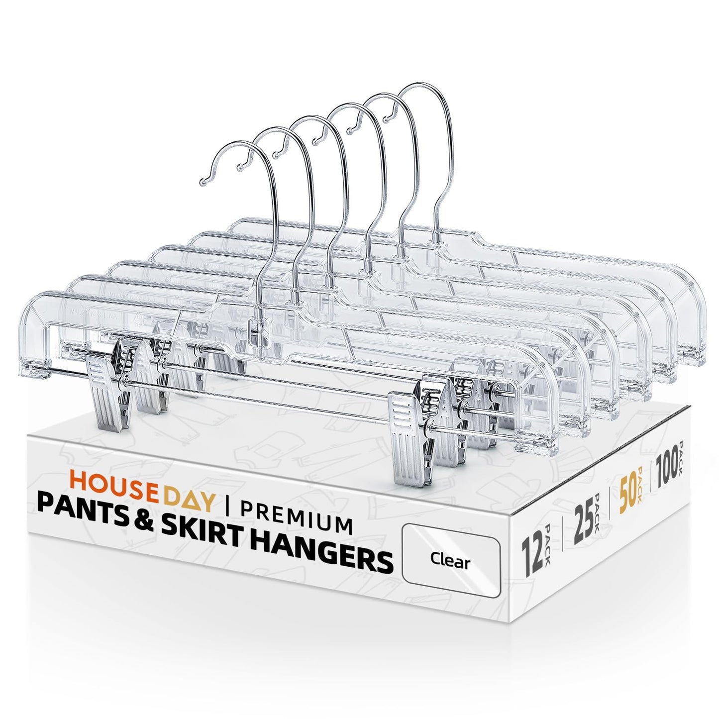 HOUSE DAY 50 Pack Skirt Hangers Pant Hangers with Clips, Clear Plastic Hangers for Pants, Skirts, Shorts, Versatile Use Clip Hanger, Retail Hanger