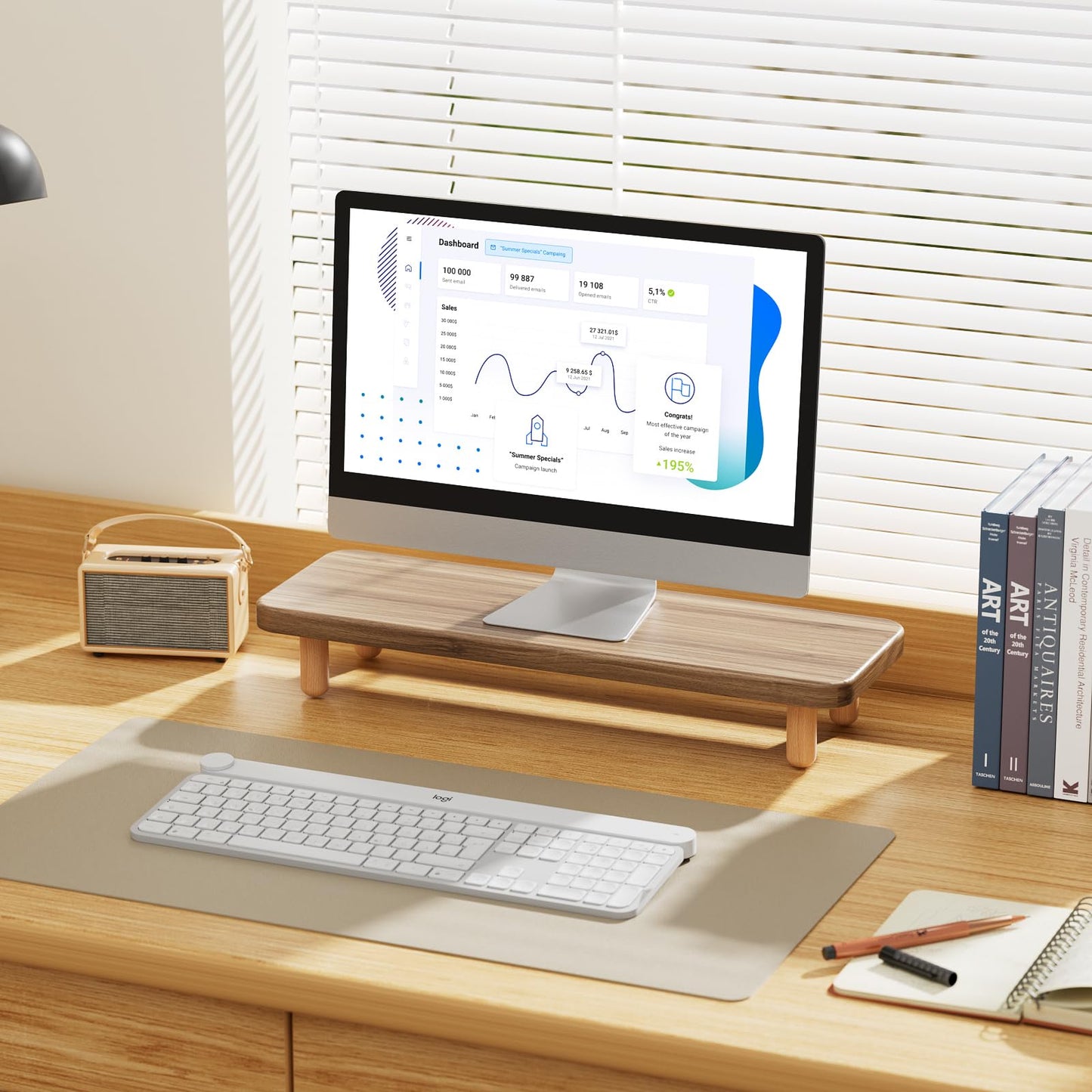 NestNeat Monitor Stand Riser, 24 Inch Wood Desk Organizer with Monitor Stand & Storage Computer Monitor and Laptop Riser Multifunctional Laptop Stand Desk Organizer for Office Home Screen/Laptop/PC (Light Walnut)